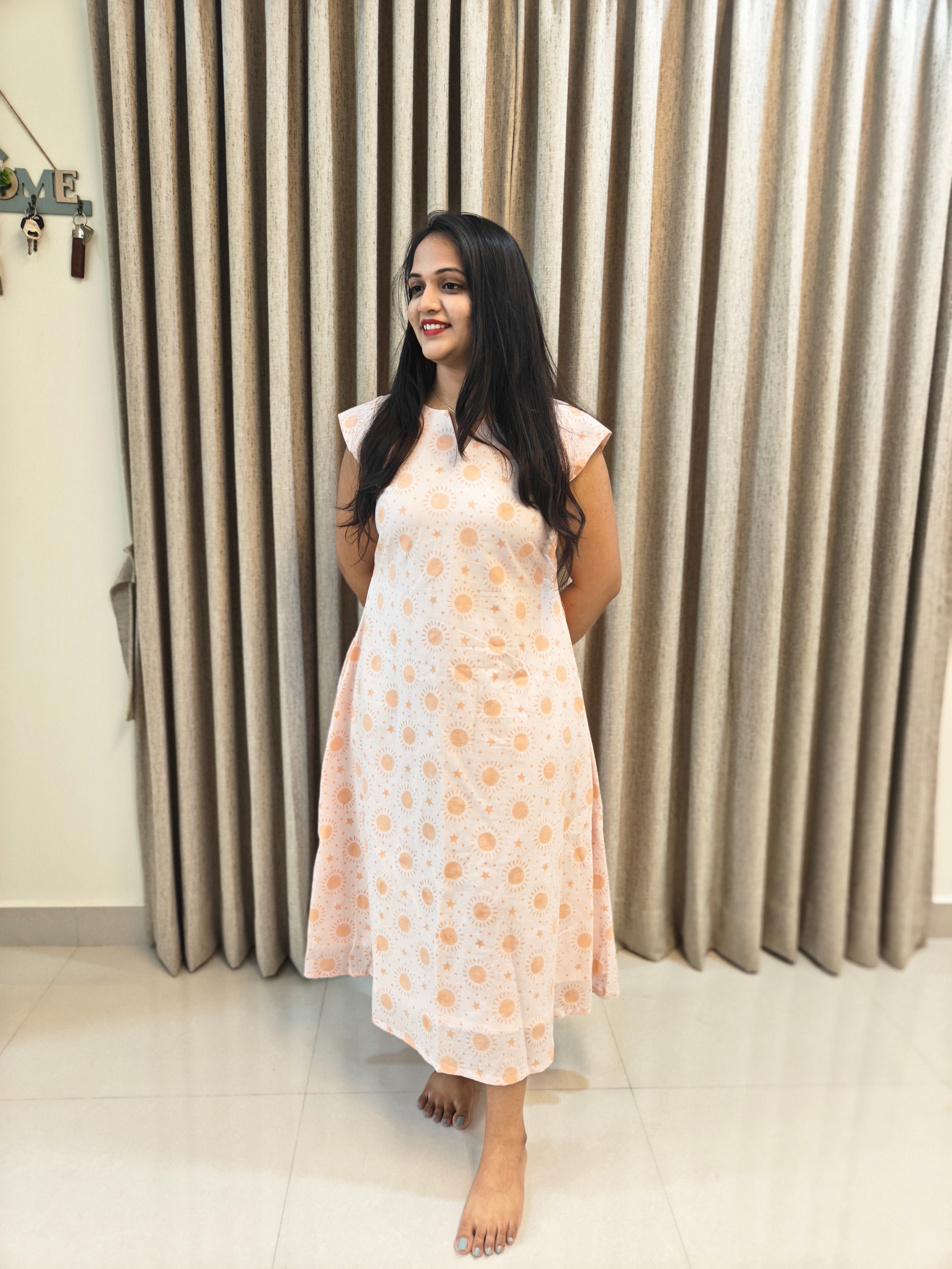 Handblock Print Cotton A-Line Frock - Midi Length