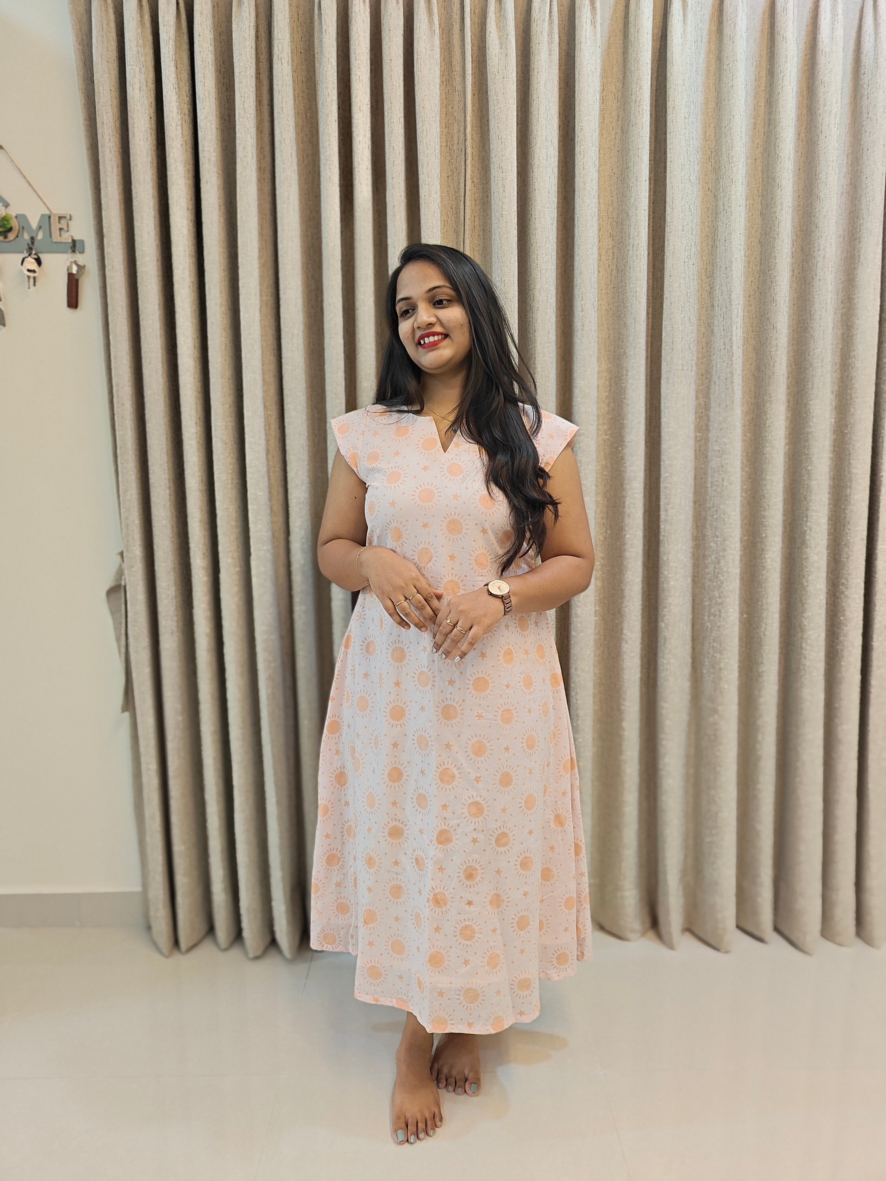 Handblock Print Cotton A-Line Frock - Midi Length