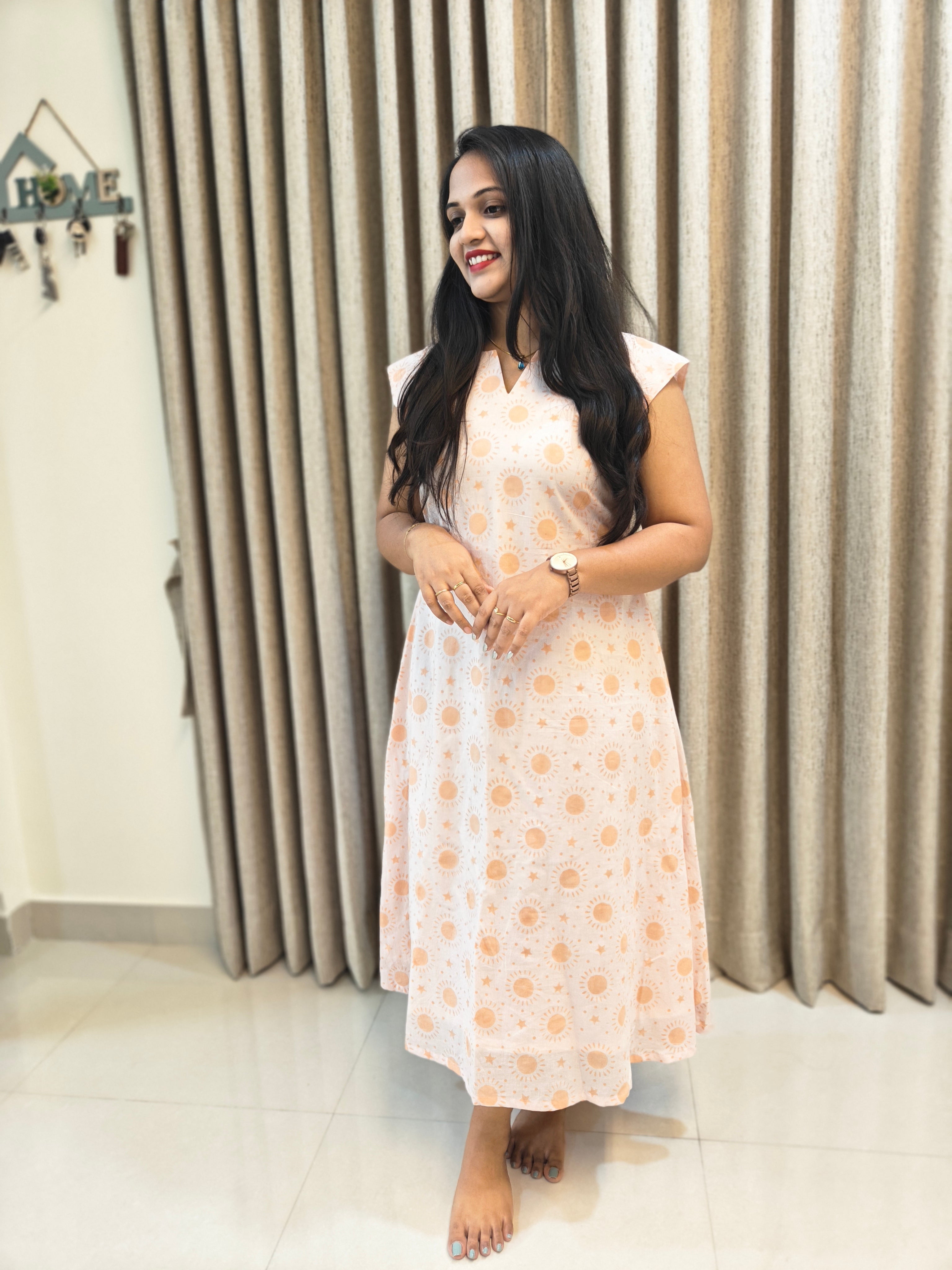 Handblock Print Cotton A-Line Frock - Midi Length