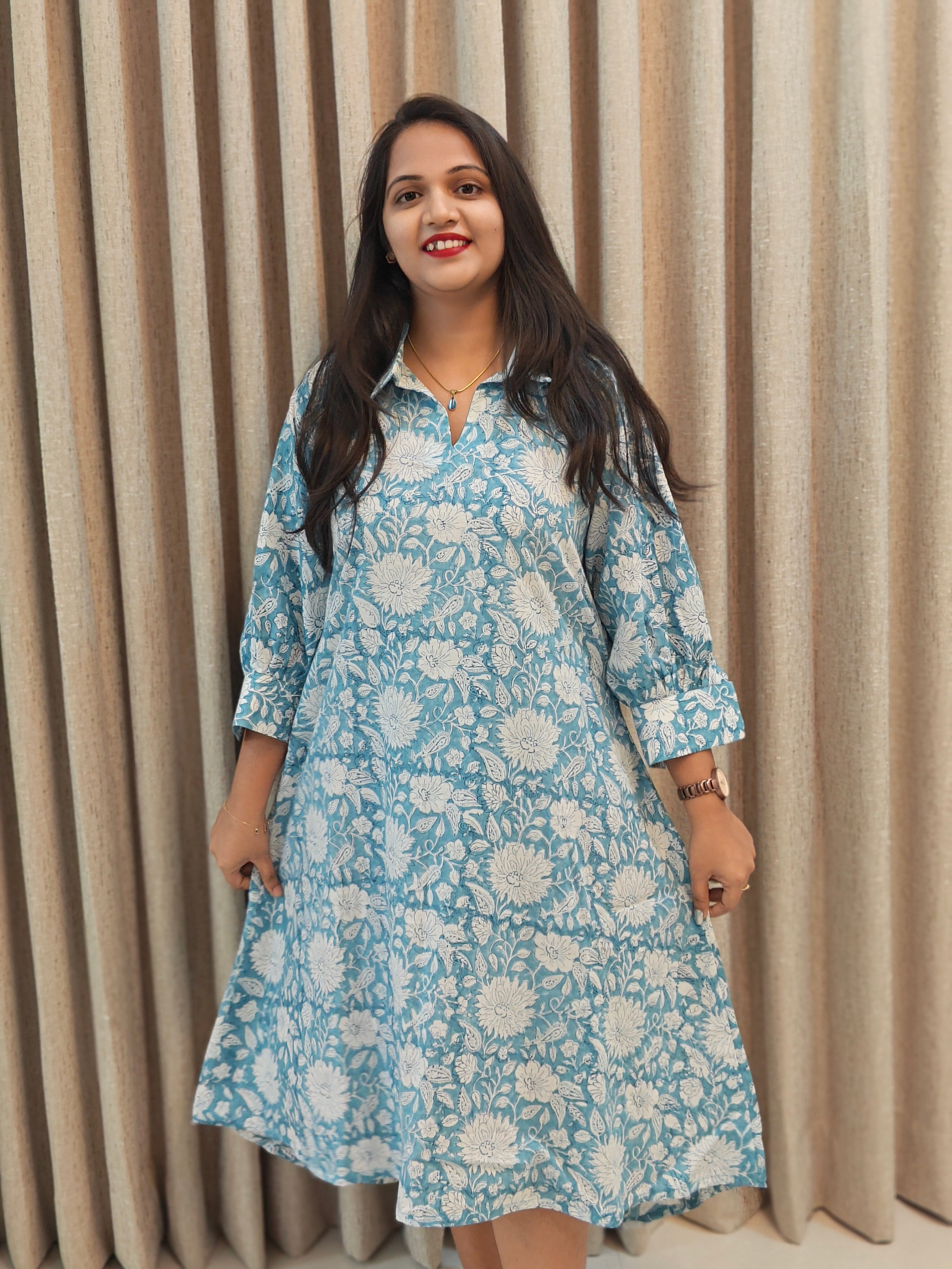 Handblock Print Cotton A-Line Asymmetric Frock