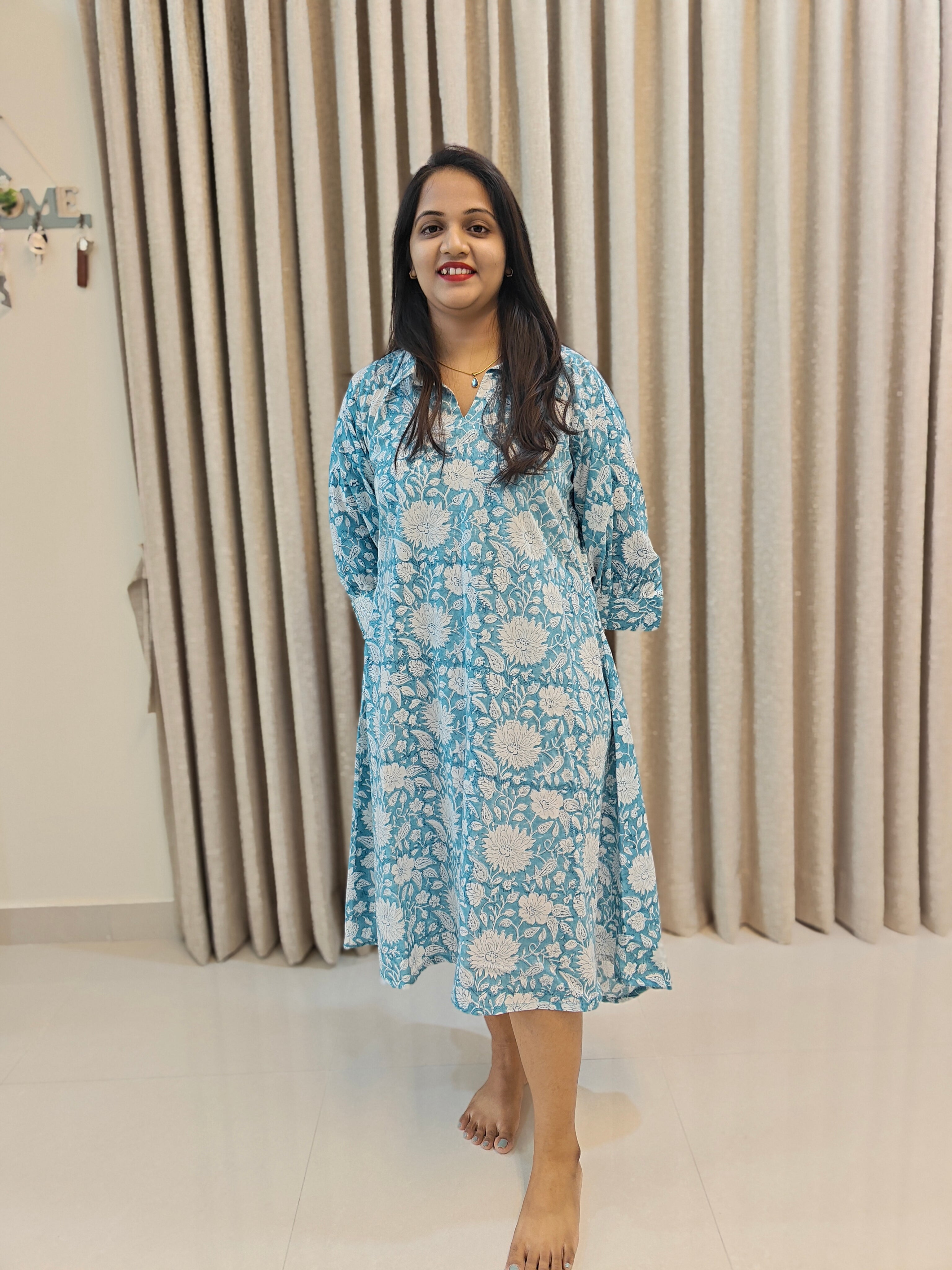 Handblock Print Cotton A-Line Asymmetric Frock