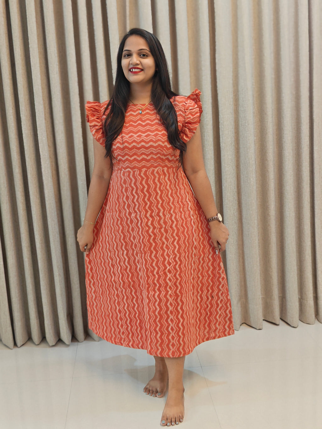 Handblock Print Cotton A-Line Frock - Stripes
