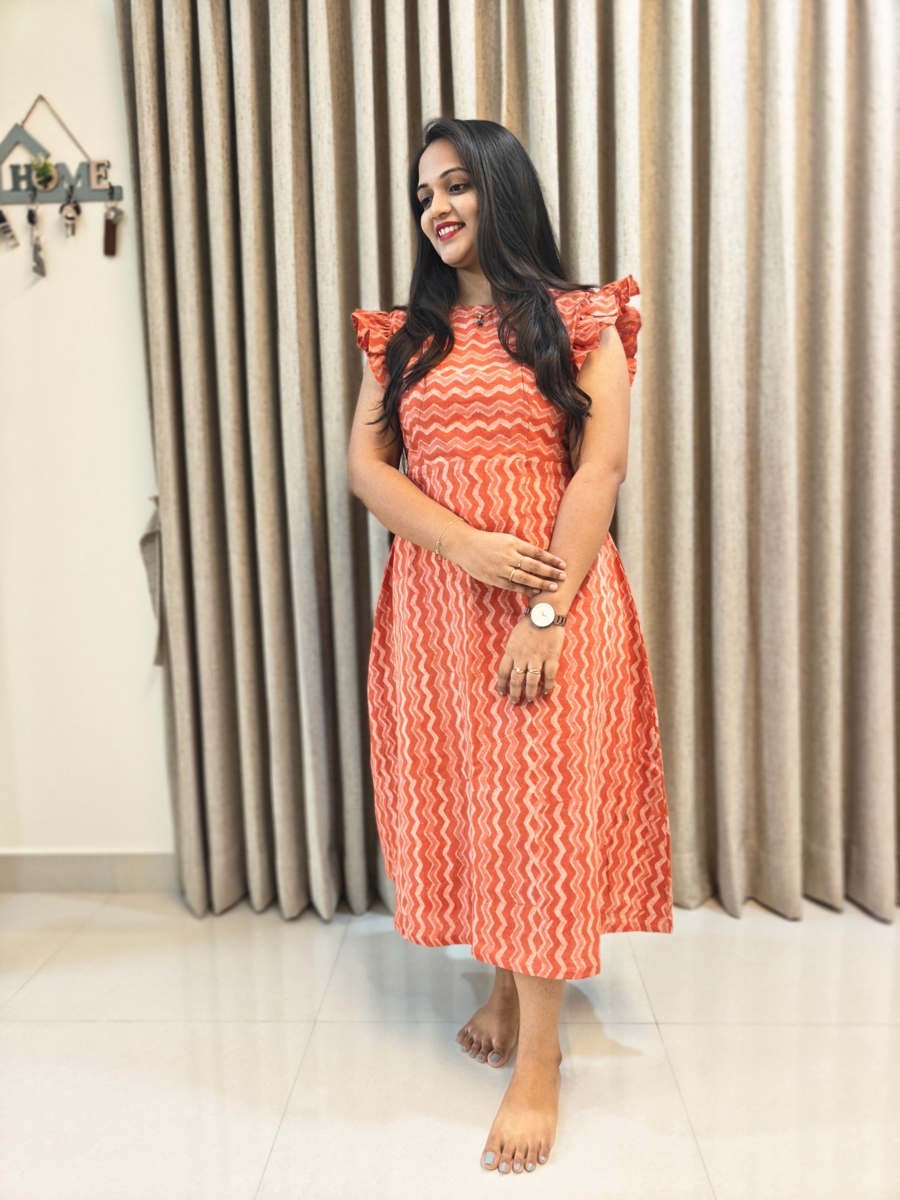 Handblock Print Cotton A-Line Frock - Stripes