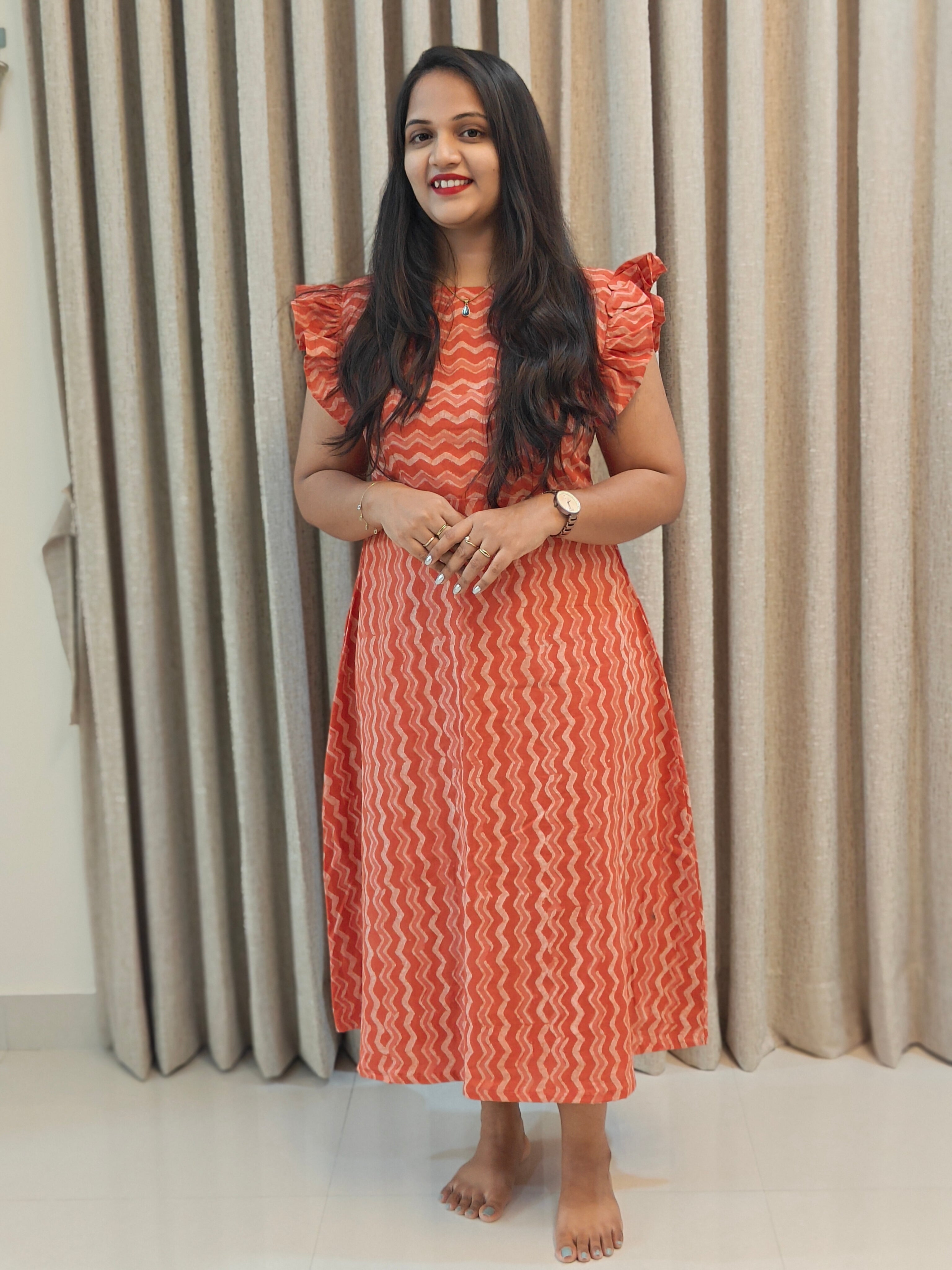 Handblock Print Cotton A-Line Frock - Stripes