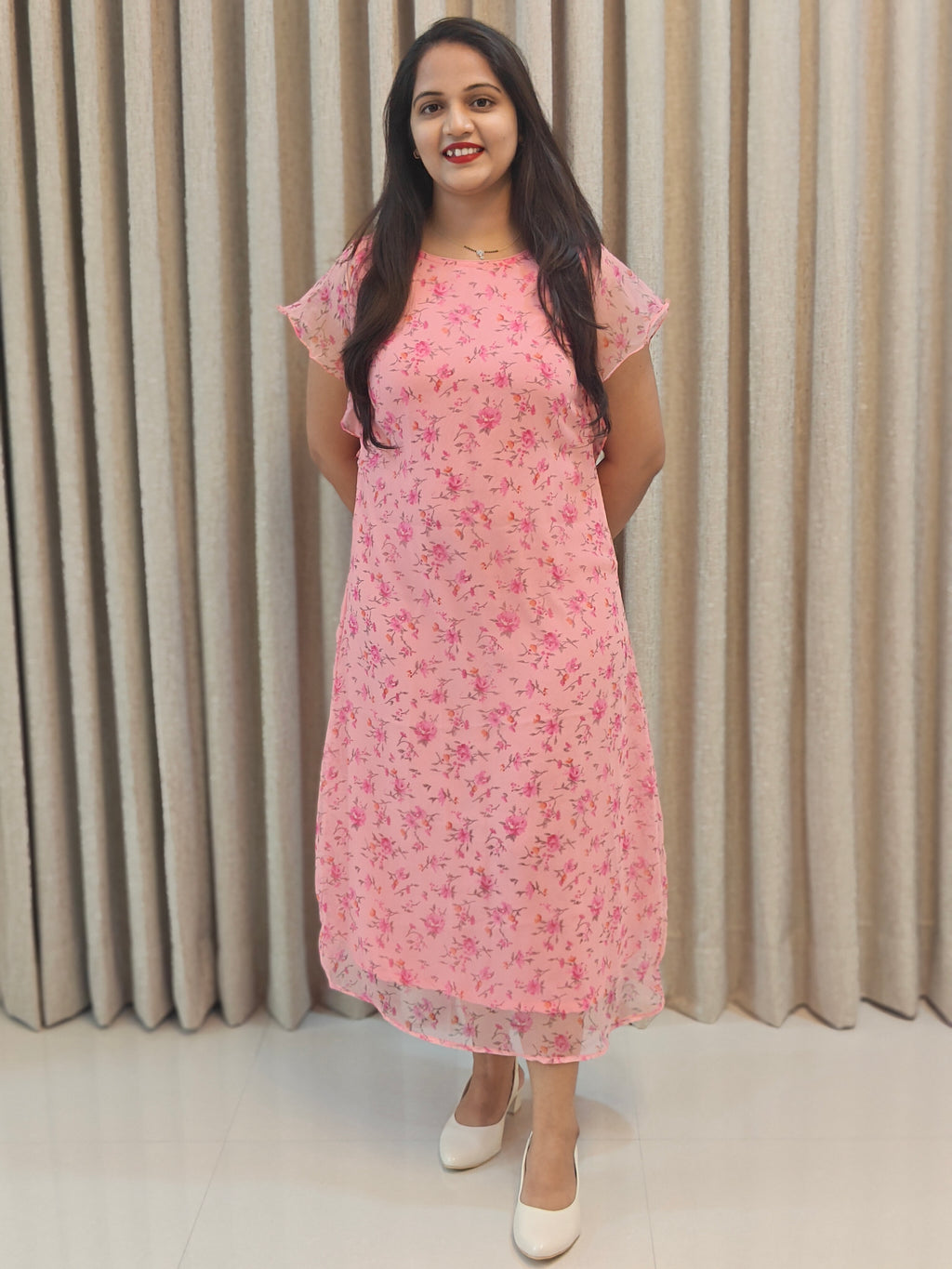 Chiffon Floral A-Line Frock - Lightweight Casual Wear