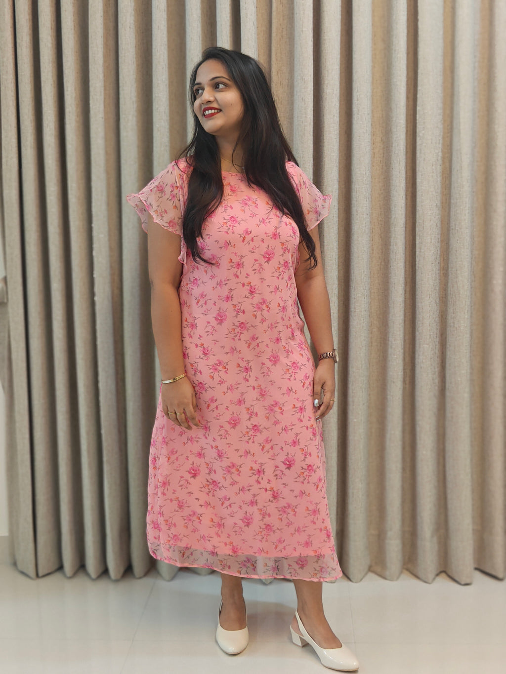 Chiffon Floral A-Line Frock - Lightweight Casual Wear