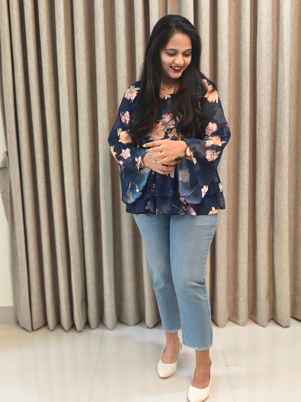 Georgette Peplum Top - Two Layer Bell Sleeves