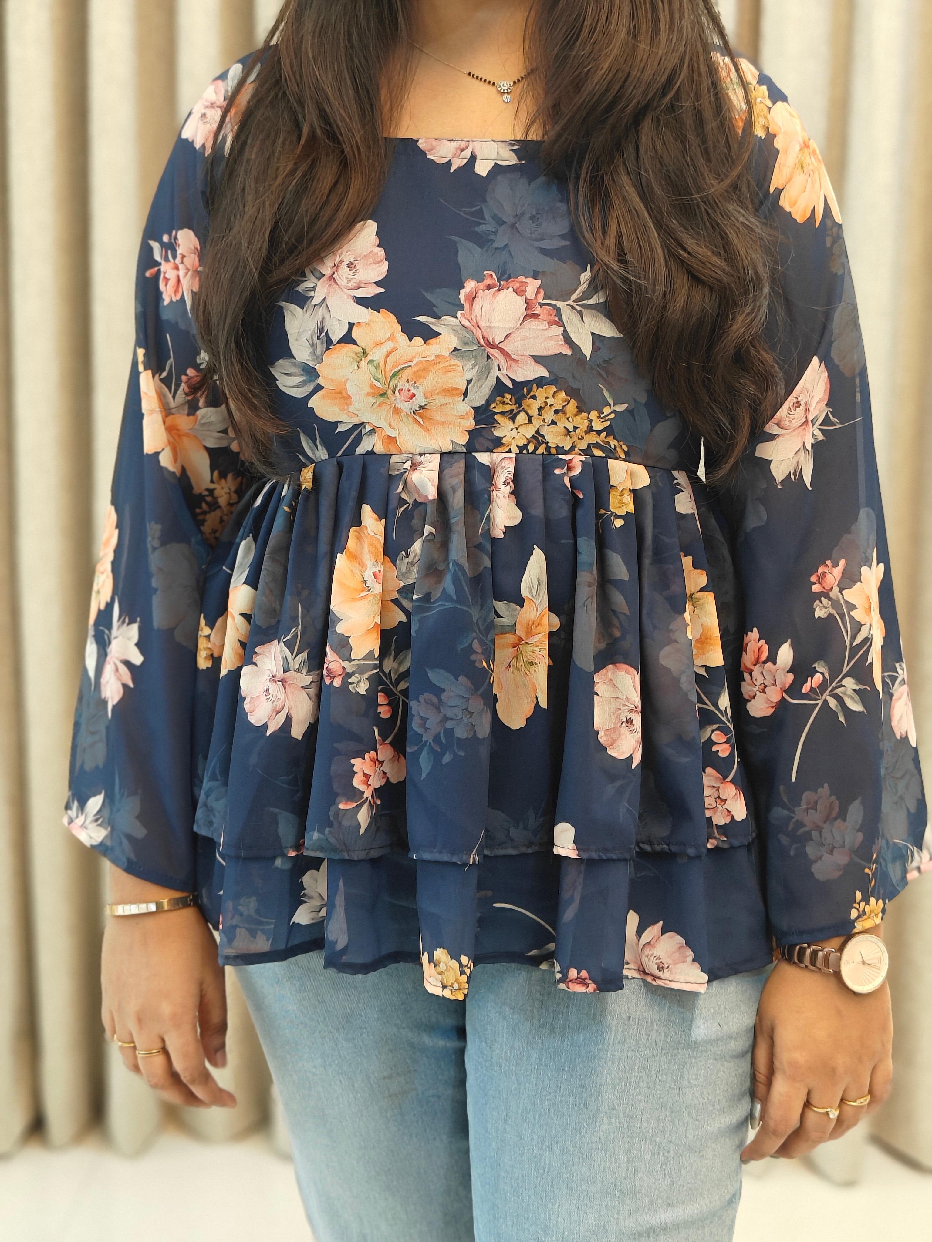 Georgette Peplum Top - Two Layer Bell Sleeves