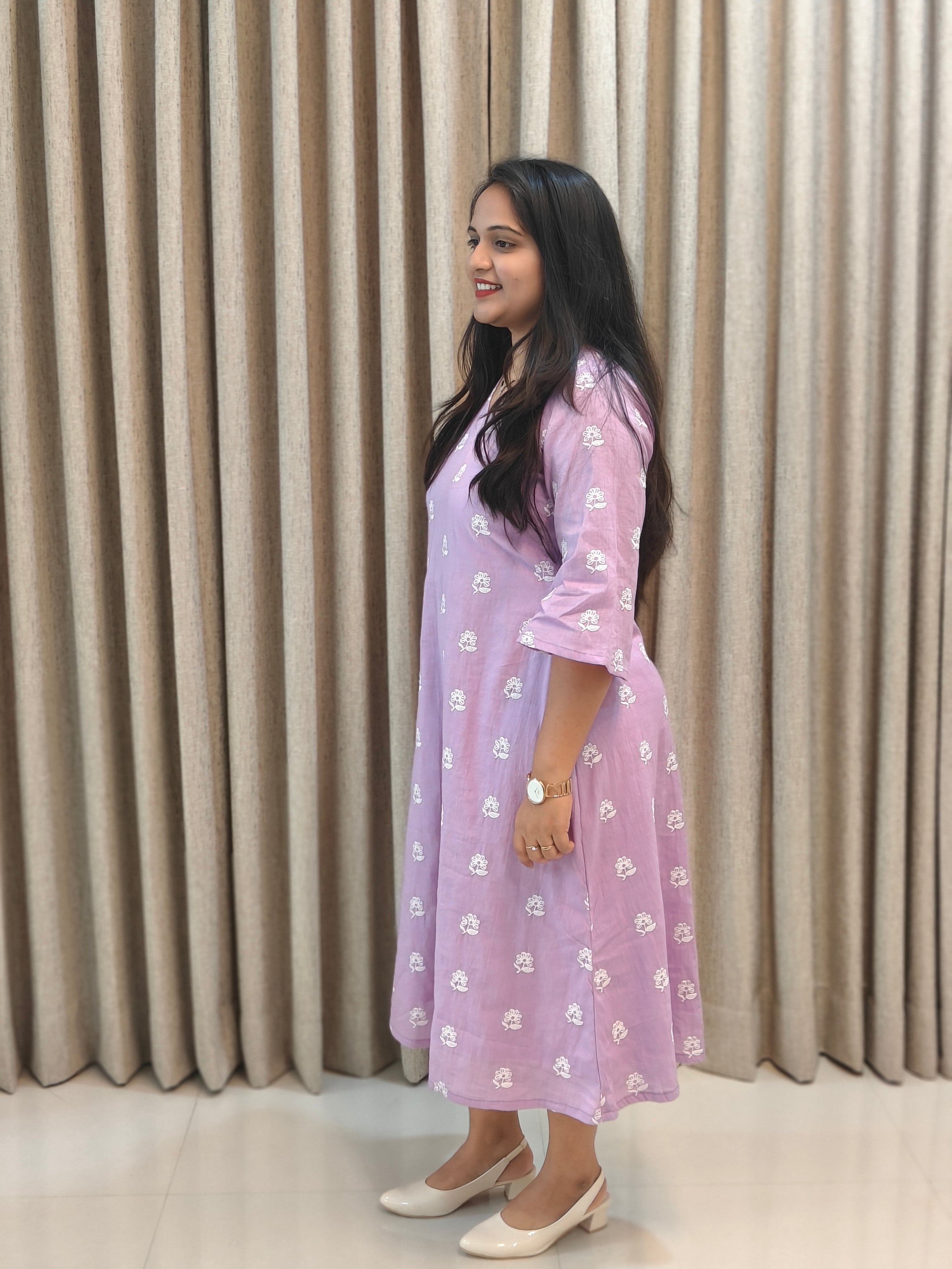 Lilac Floral Block Print Cotton A-Line Frock