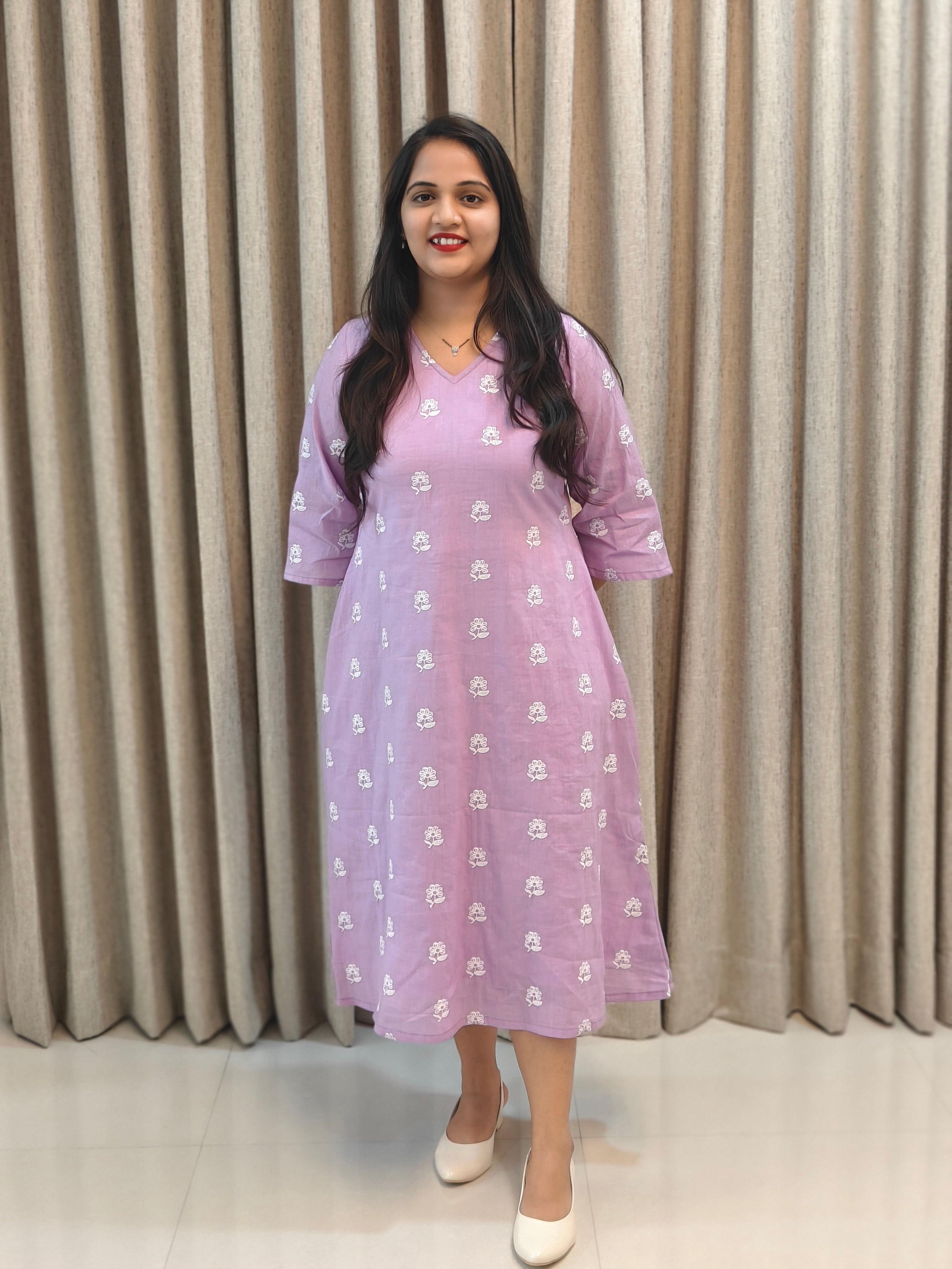 Lilac Floral Block Print Cotton A-Line Frock