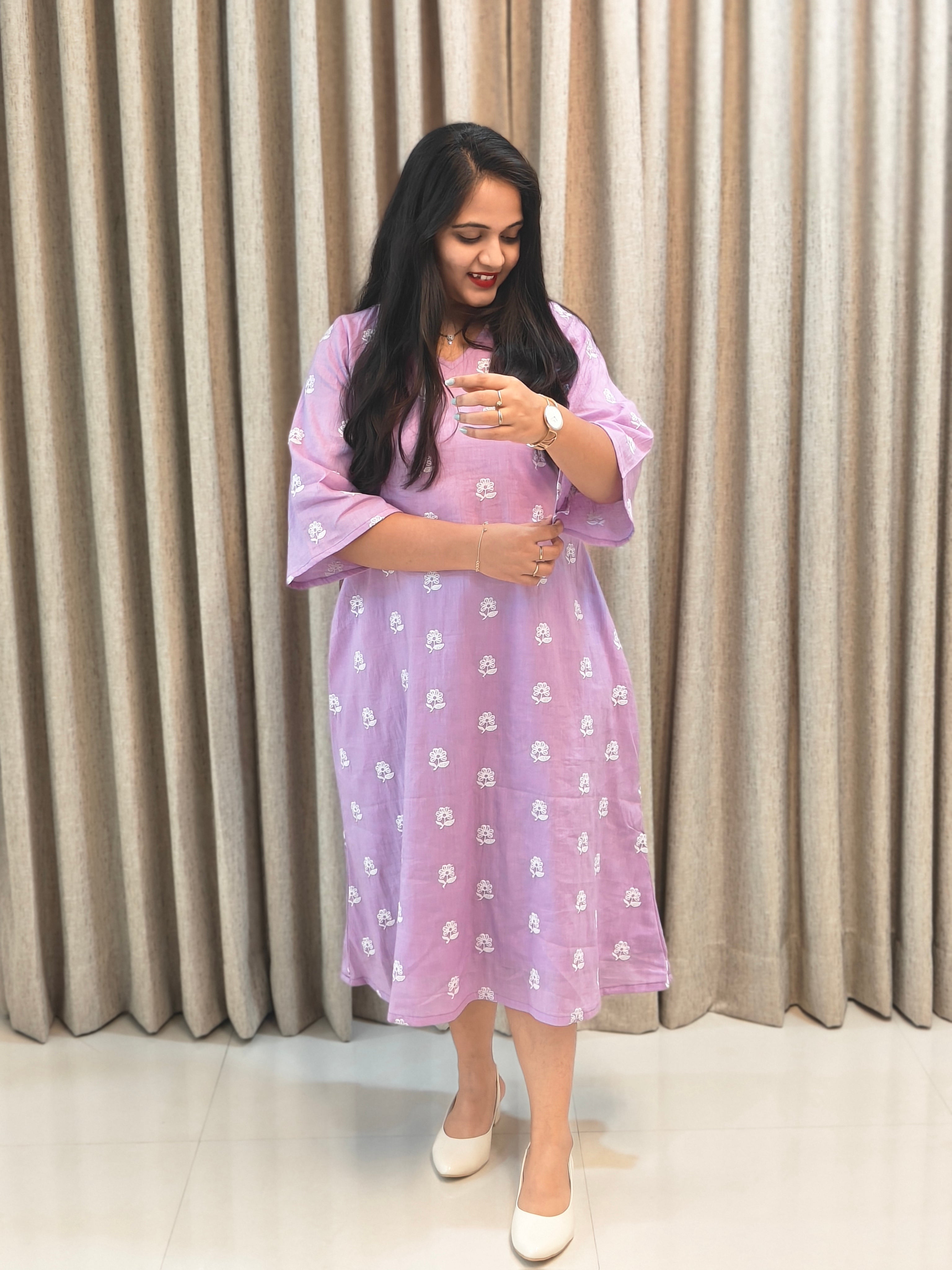 Lilac Floral Block Print Cotton A-Line Frock