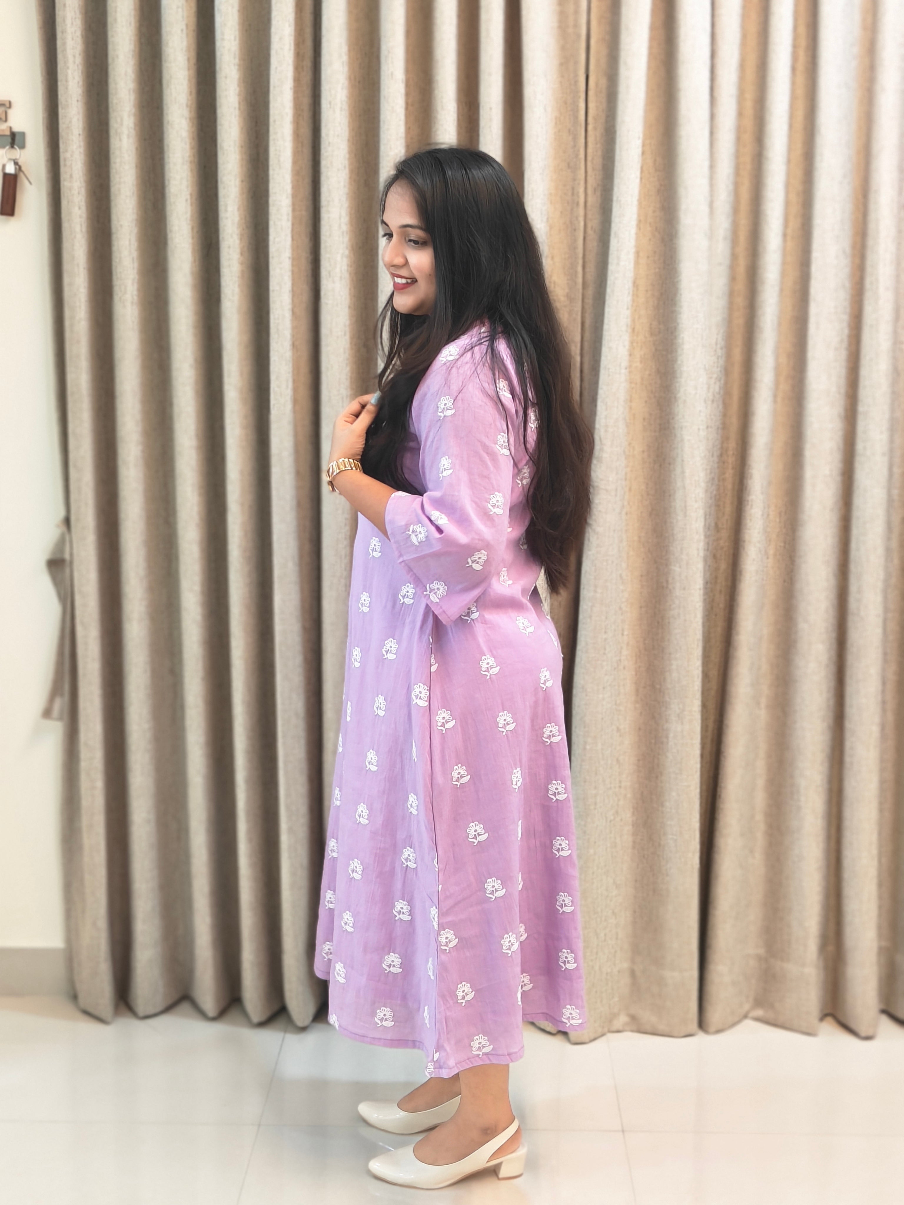 Lilac Floral Block Print Cotton A-Line Frock