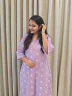 Lilac Floral Block Print Cotton A-Line Frock