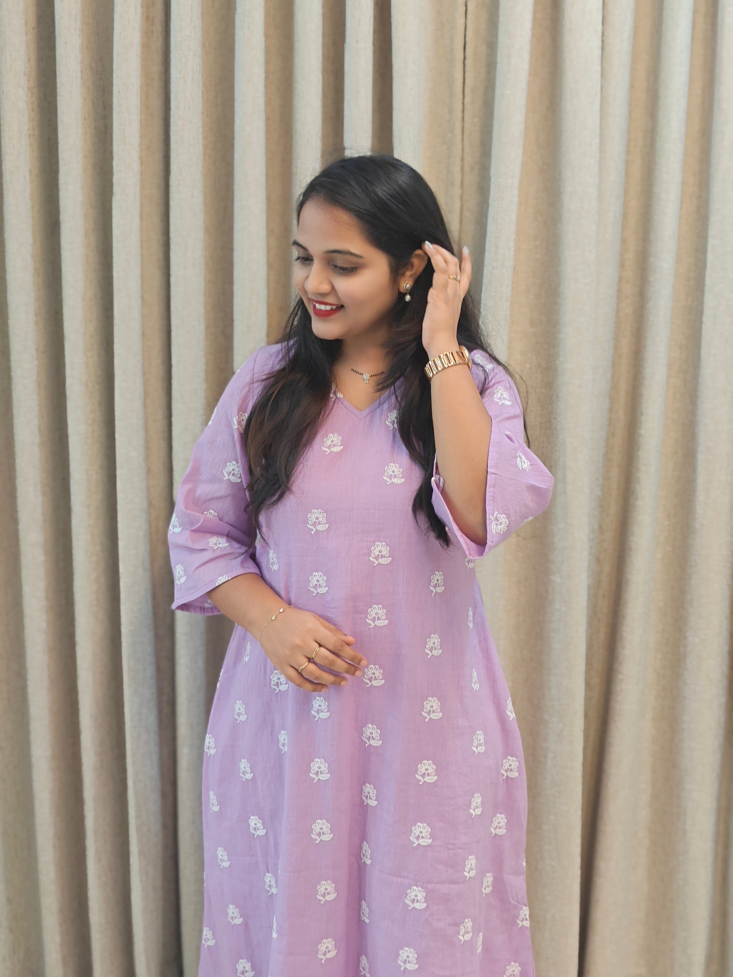 Lilac Floral Block Print Cotton A-Line Frock
