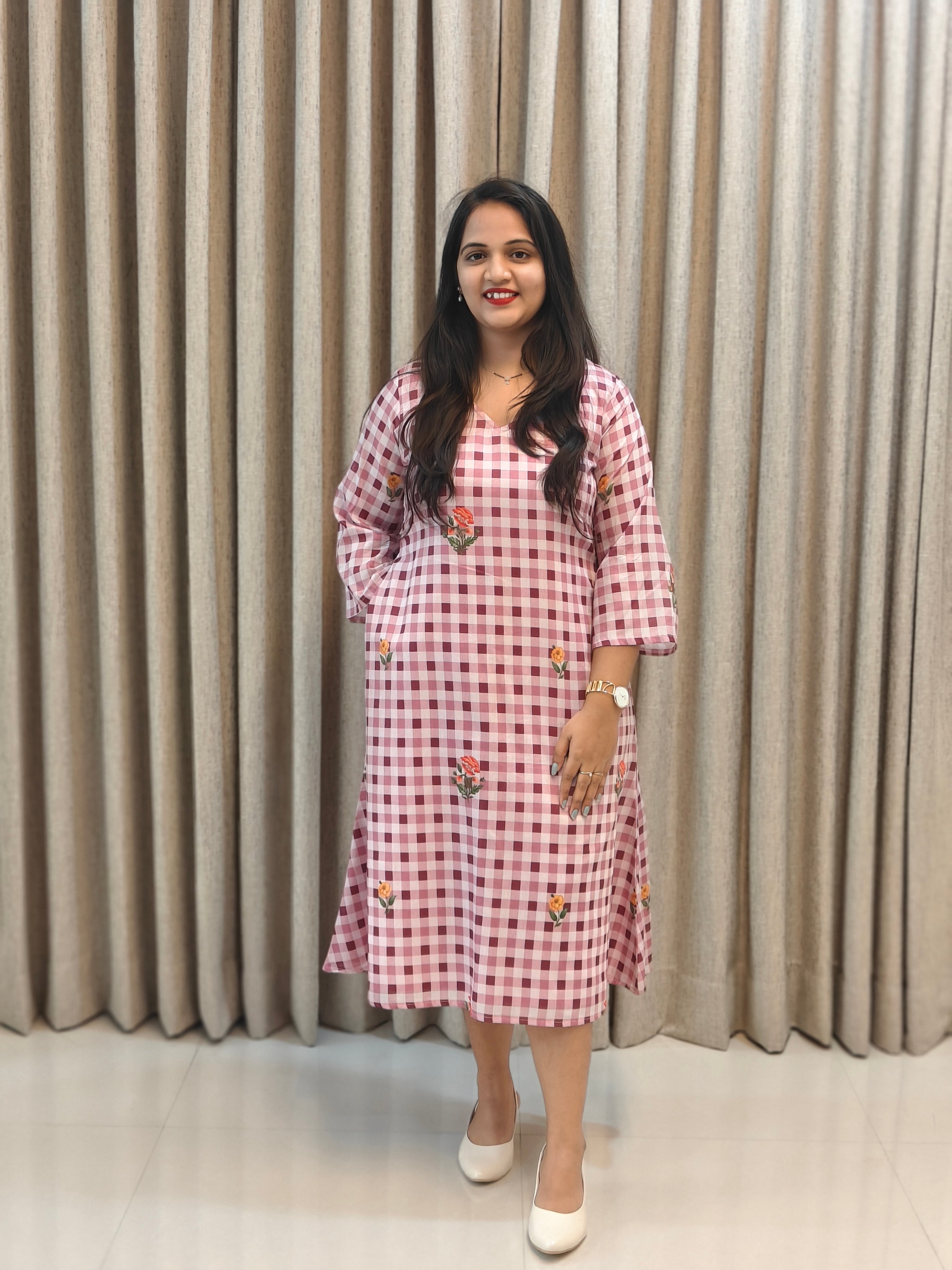 Gingham Check Floral Embroidered Cotton A-Line Frock