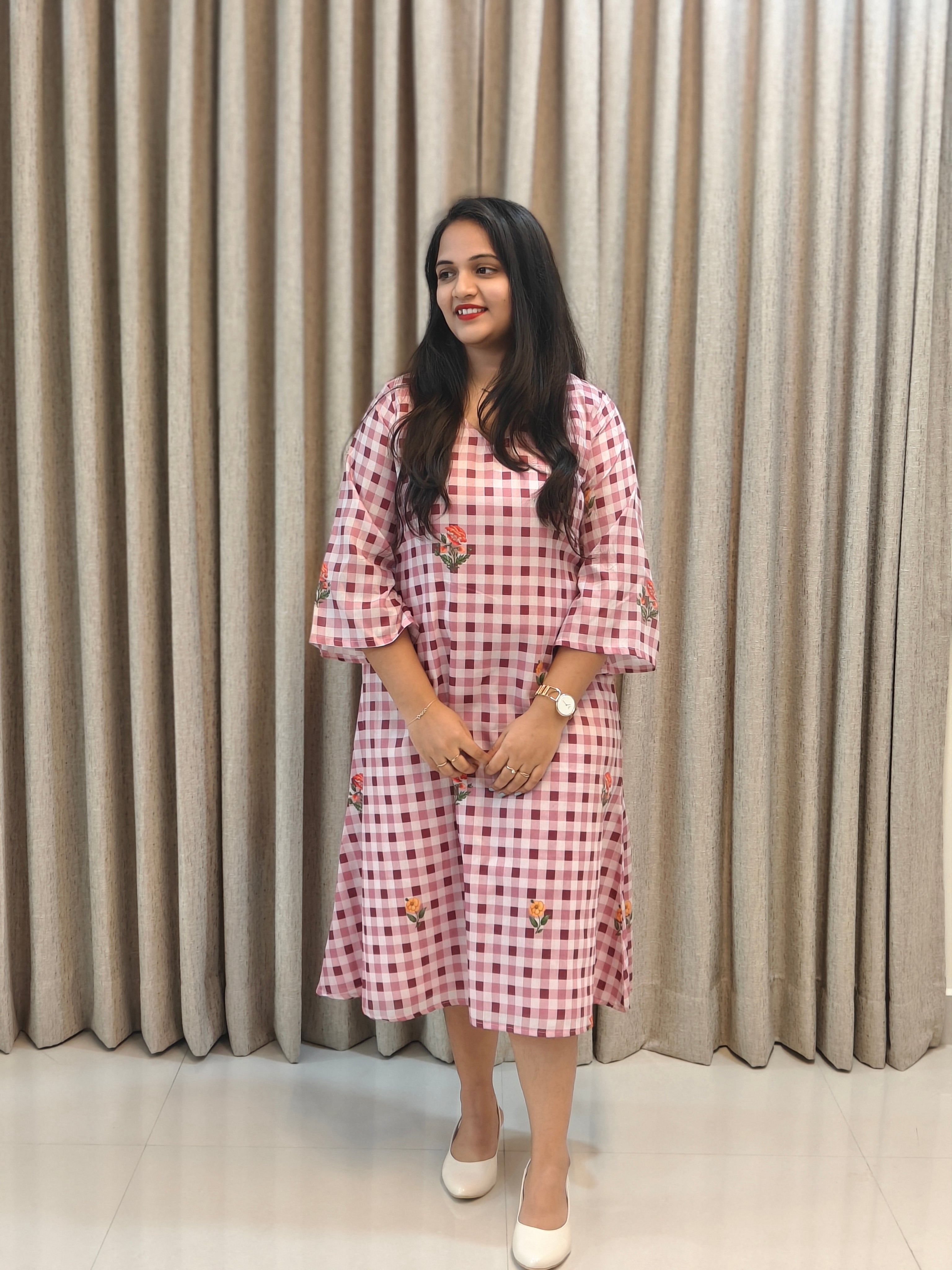 Gingham Check Floral Embroidered Cotton A-Line Frock