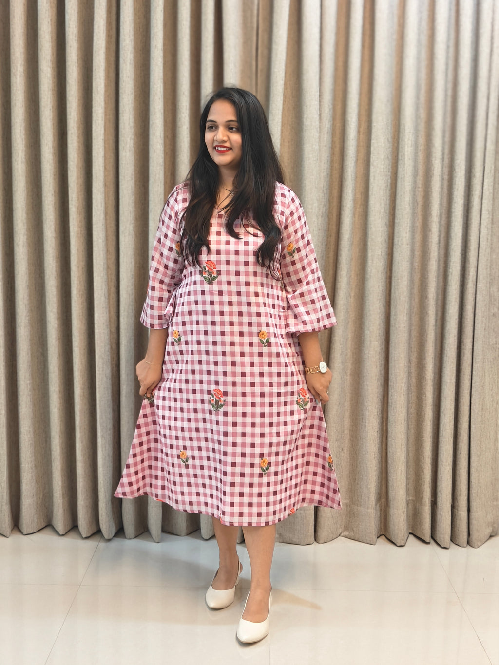 Gingham Check Floral Embroidered Cotton A-Line Frock