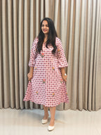 Gingham Check Floral Embroidered Cotton A-Line Frock