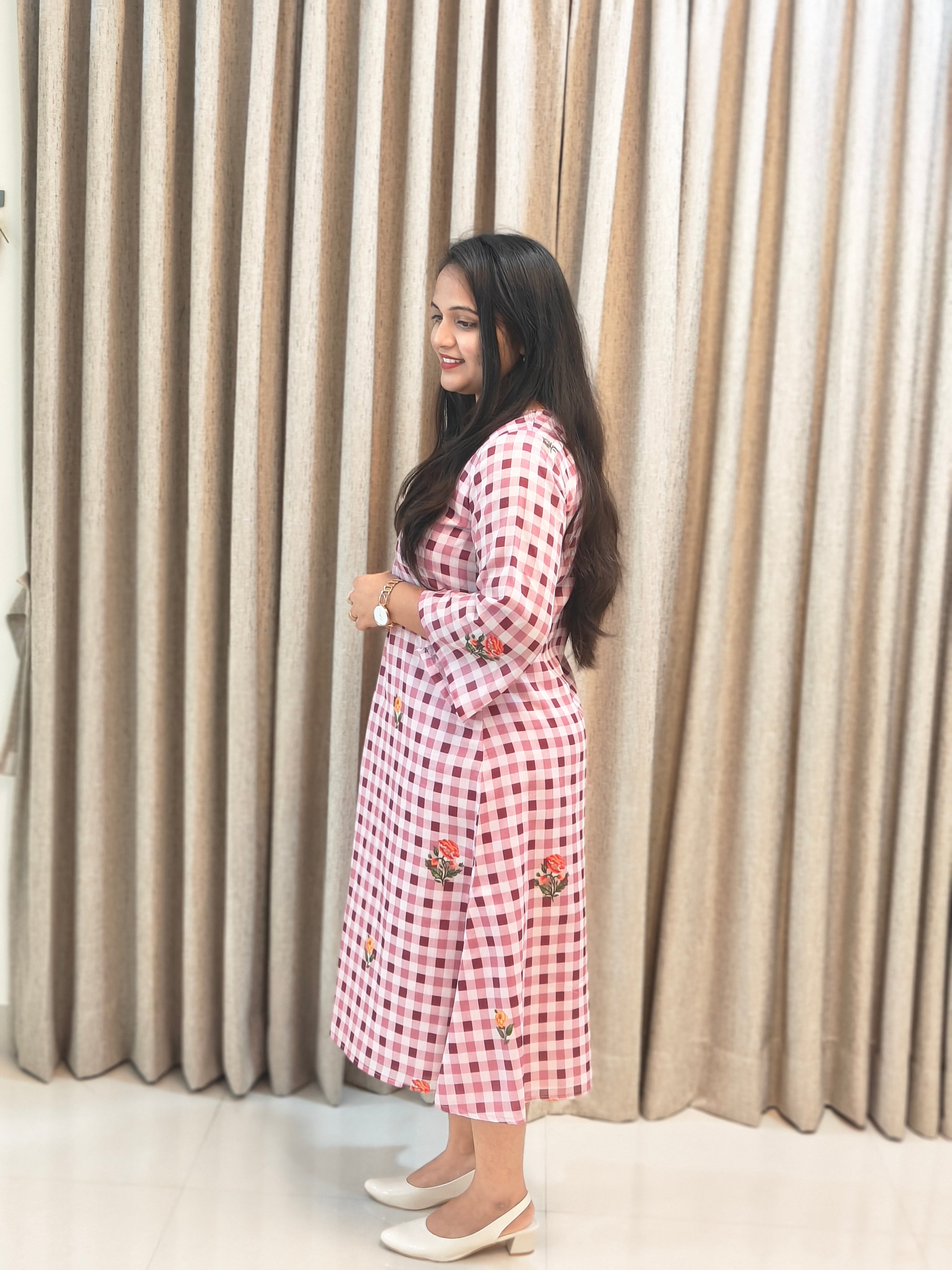 Gingham Check Floral Embroidered Cotton A-Line Frock