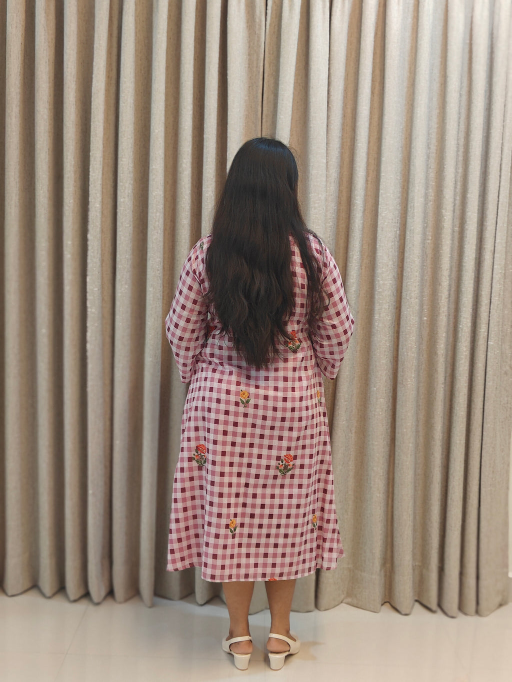 Gingham Check Floral Embroidered Cotton A-Line Frock