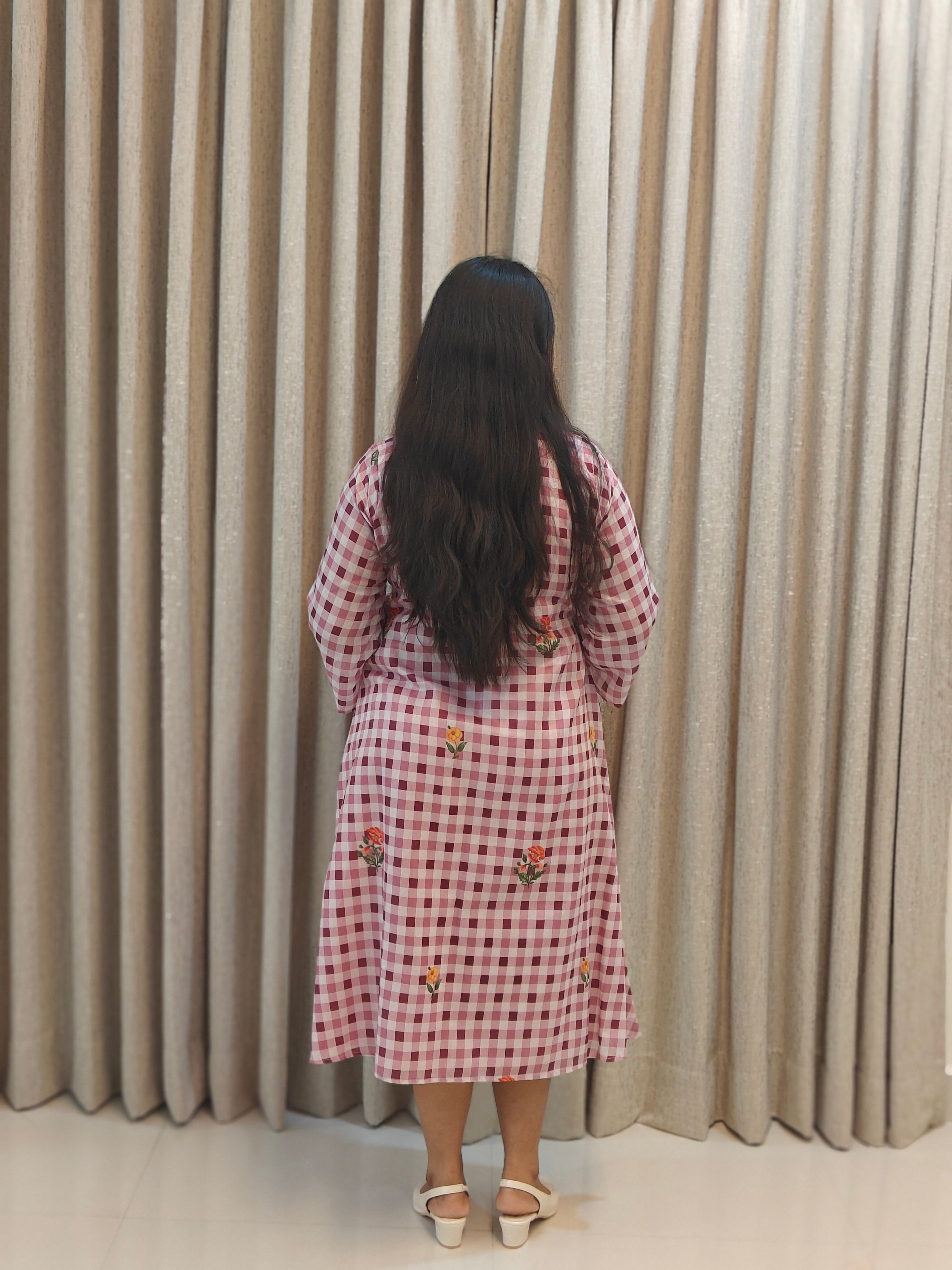 Gingham Check Floral Embroidered Cotton A-Line Frock