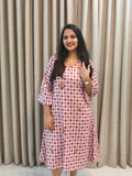 Gingham Check Floral Embroidered Cotton A-Line Frock