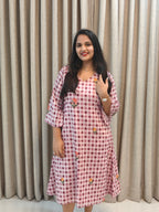 Gingham Check Floral Embroidered Cotton A-Line Frock