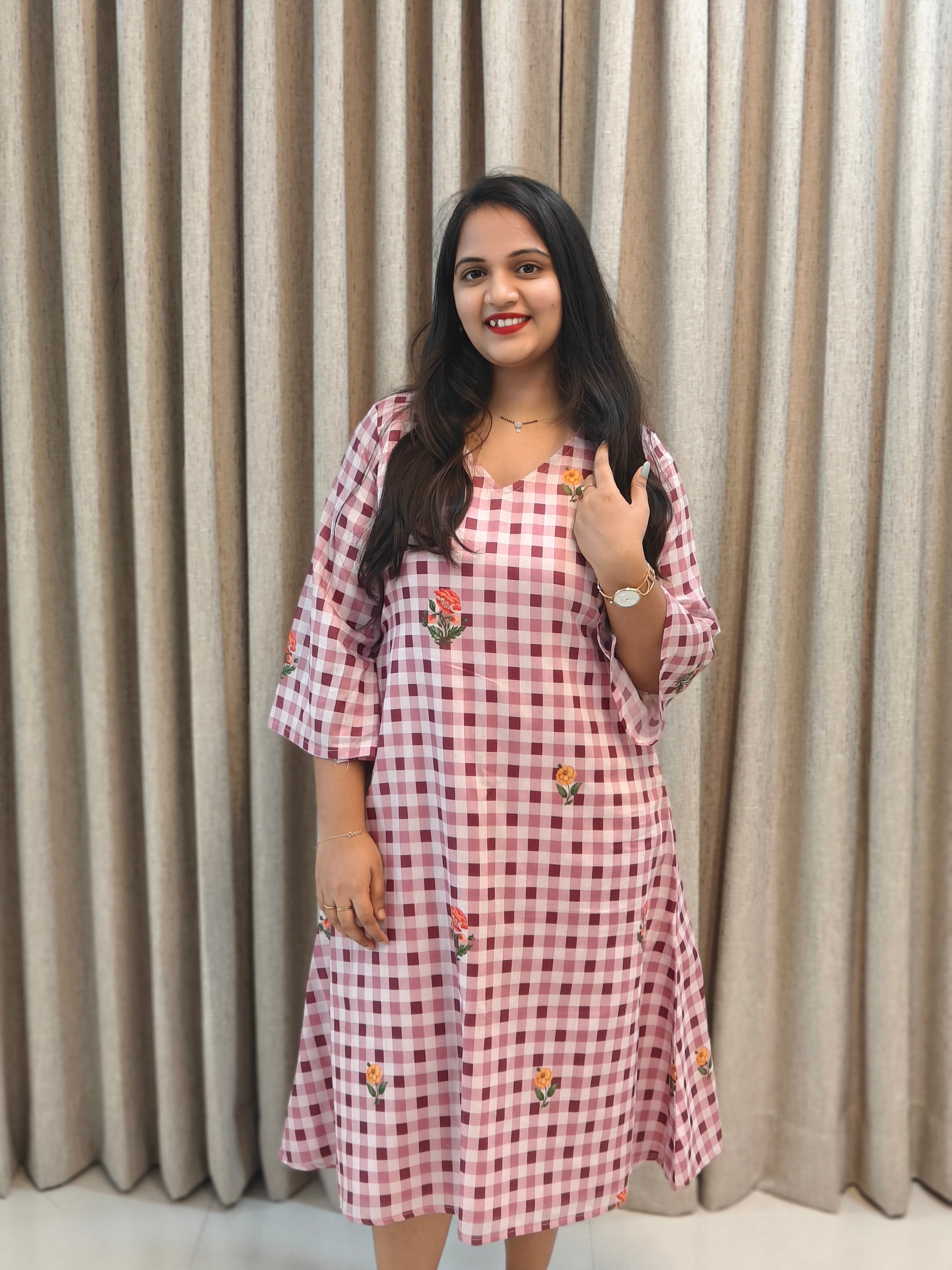 Gingham Check Floral Embroidered Cotton A-Line Frock