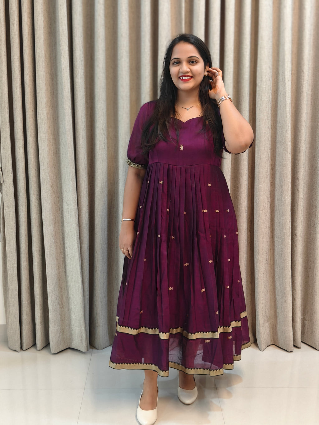 Pure Mercerised Handloom Cotton Narayanpet Frock - Traditional Zari Border