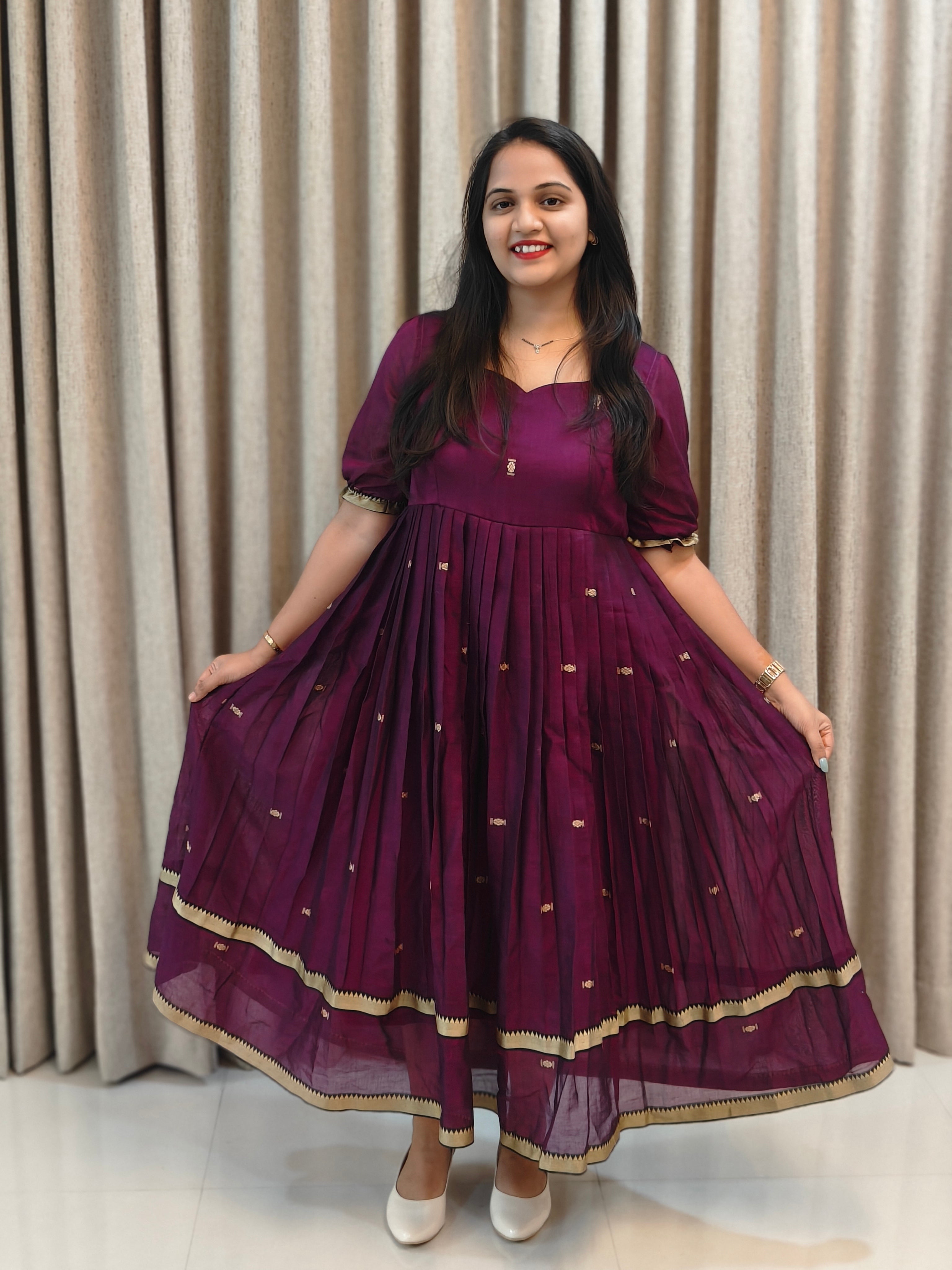 Pure Mercerised Handloom Cotton Narayanpet Frock - Traditional Zari Border