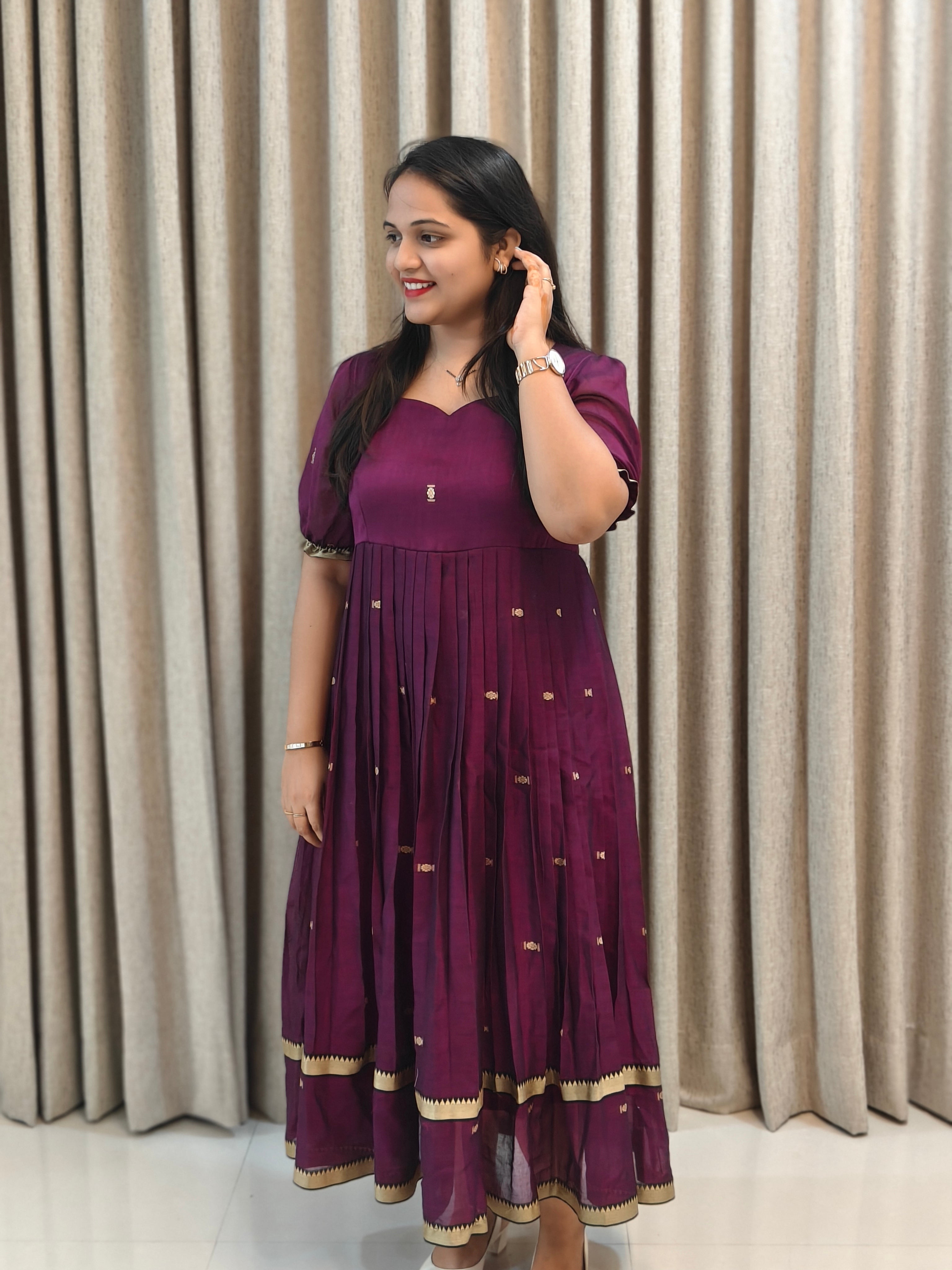 Pure Mercerised Handloom Cotton Narayanpet Frock - Traditional Zari Border
