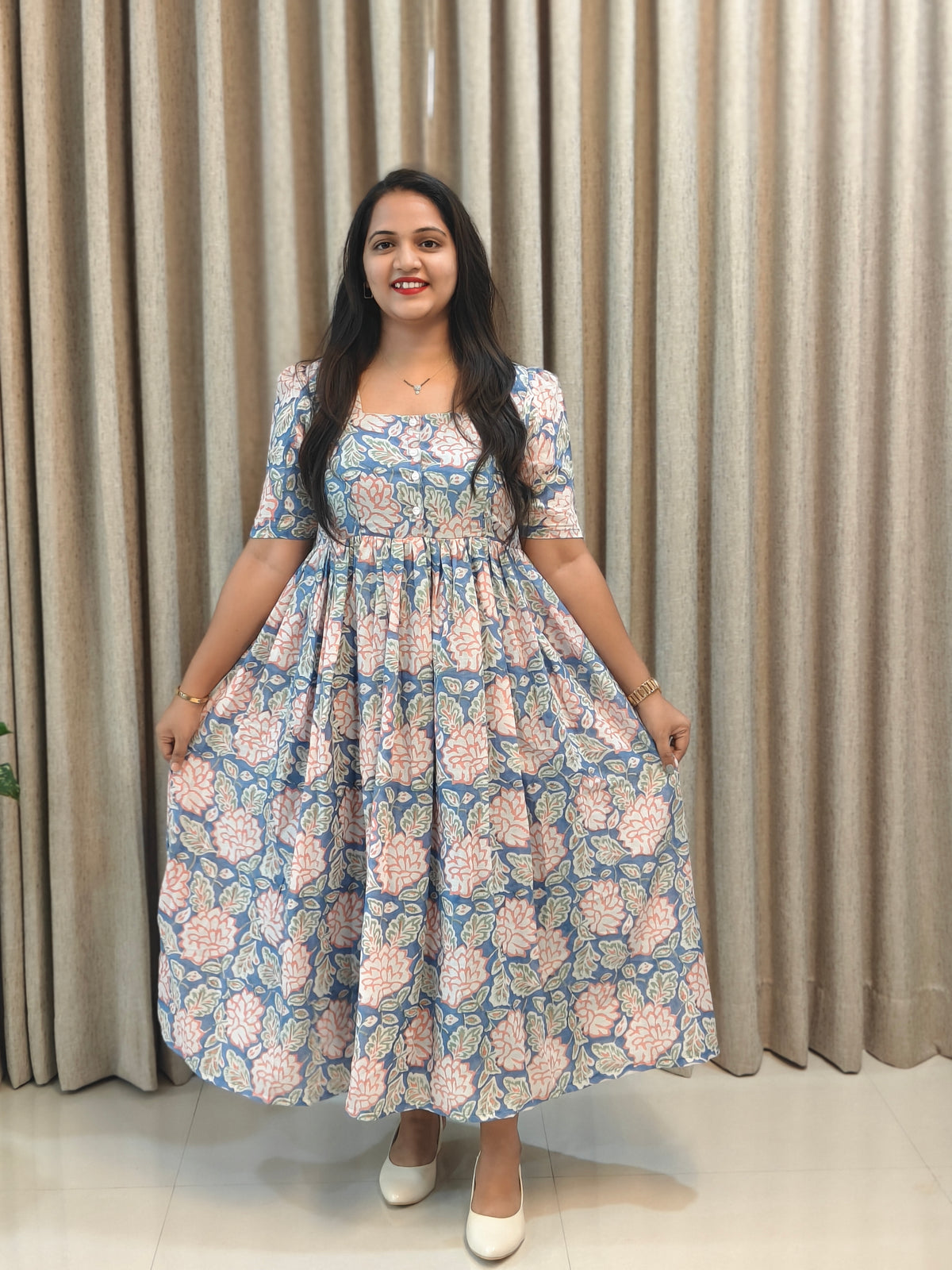 Mul Cotton Handblock Print Feeding Frock for Nursing Moms
