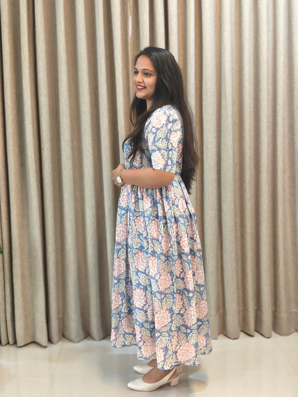 Mul Cotton Handblock Print Feeding Frock for Nursing Moms