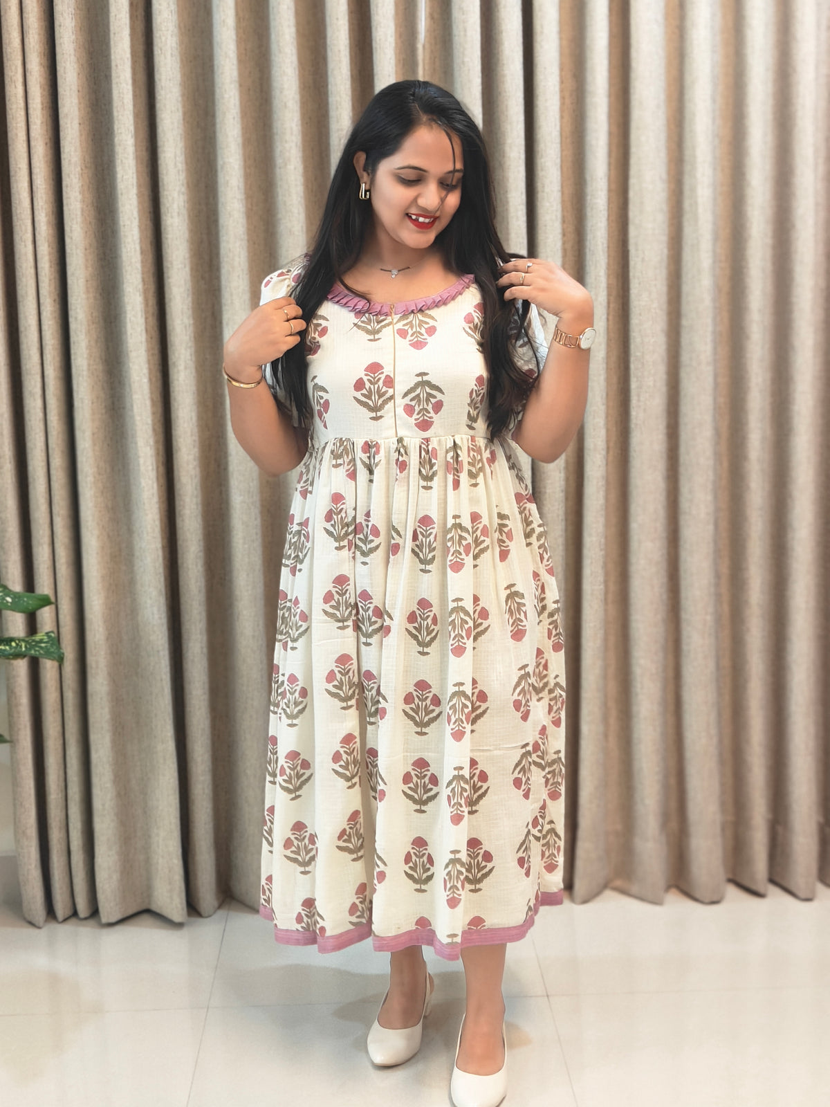 Kota Doria Cotton Handblock Print Feeding Frock