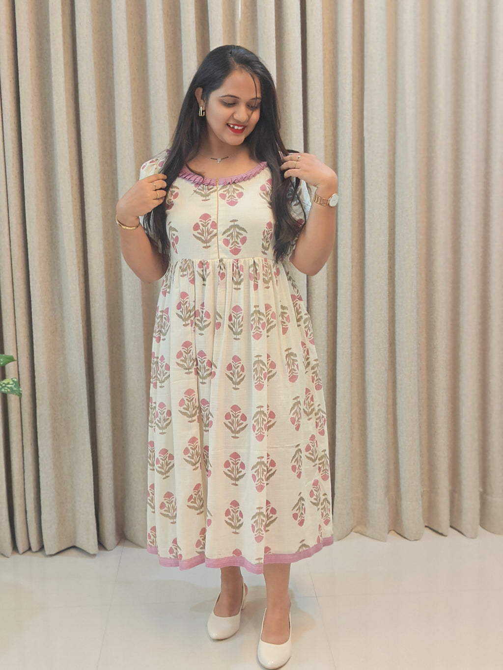 Kota Doria Cotton Handblock Print Feeding Frock