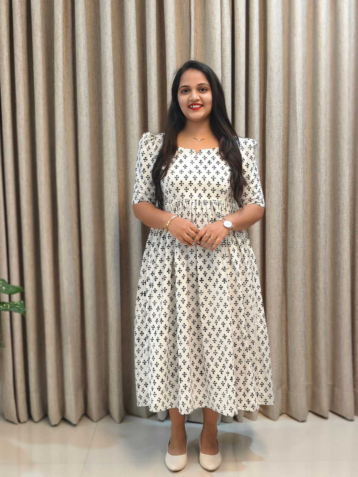 White Cotton Handblock Print Frock
