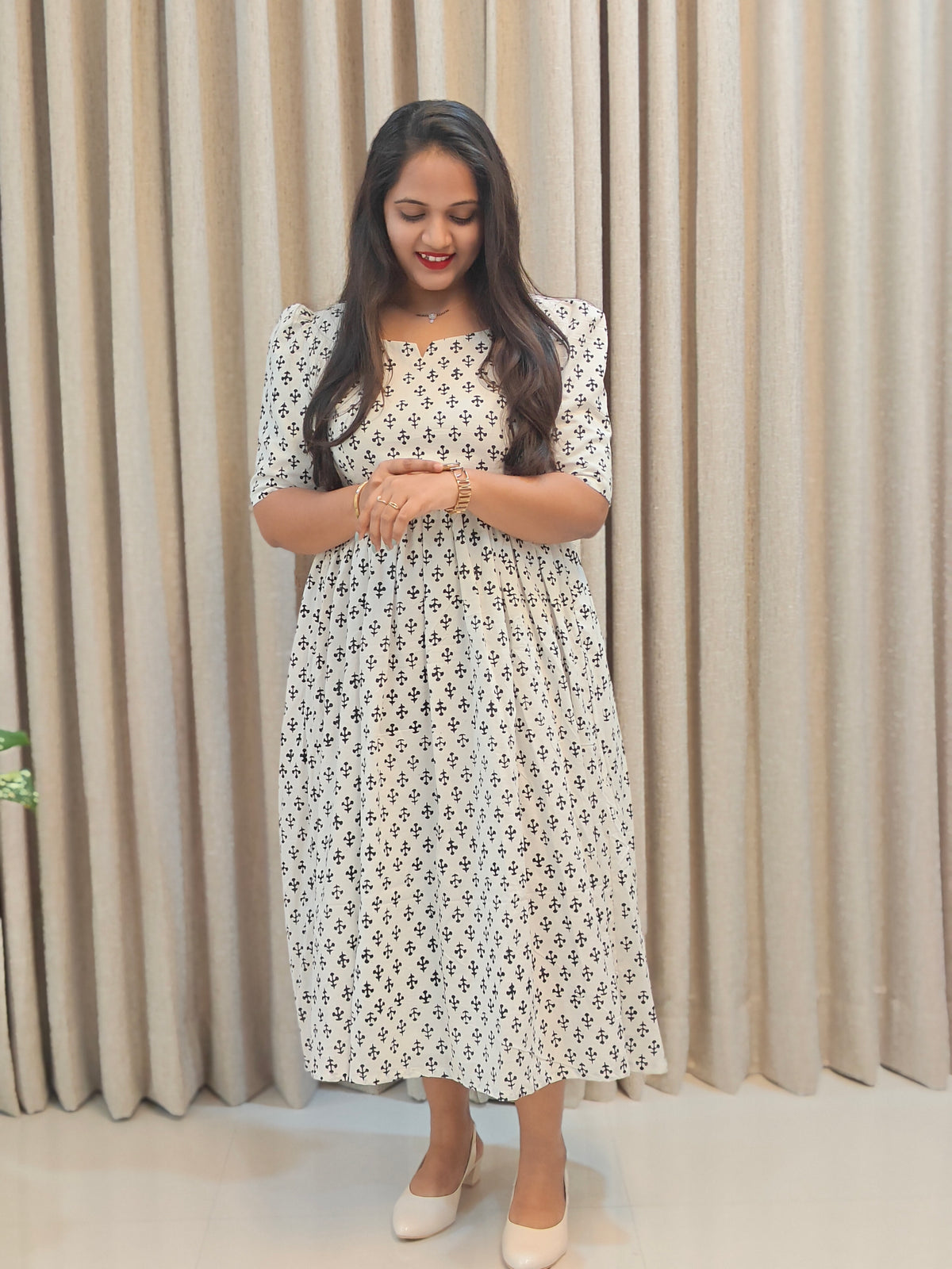 White Cotton Handblock Print Frock