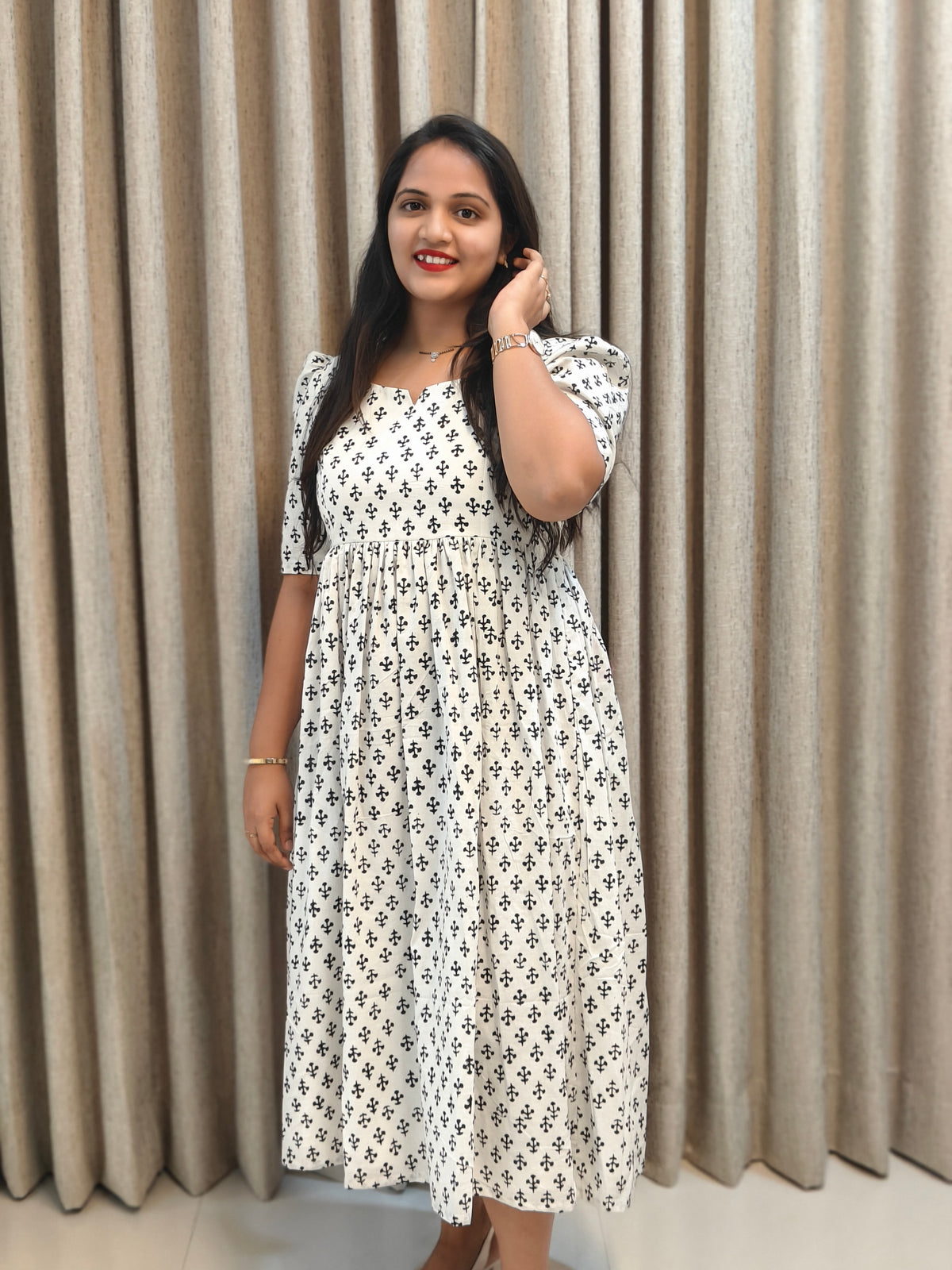 White Cotton Handblock Print Frock