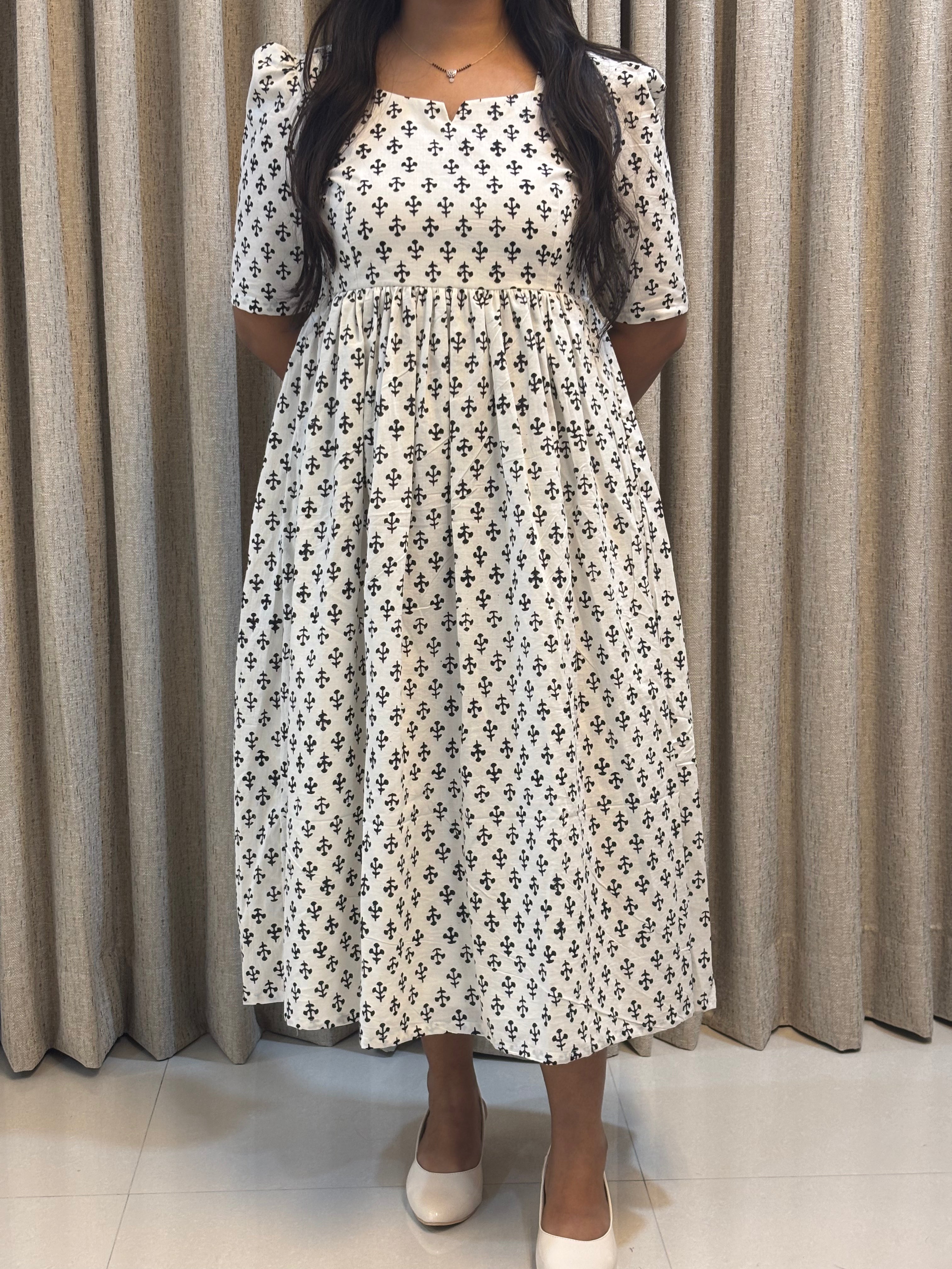 White Cotton Handblock Print Frock