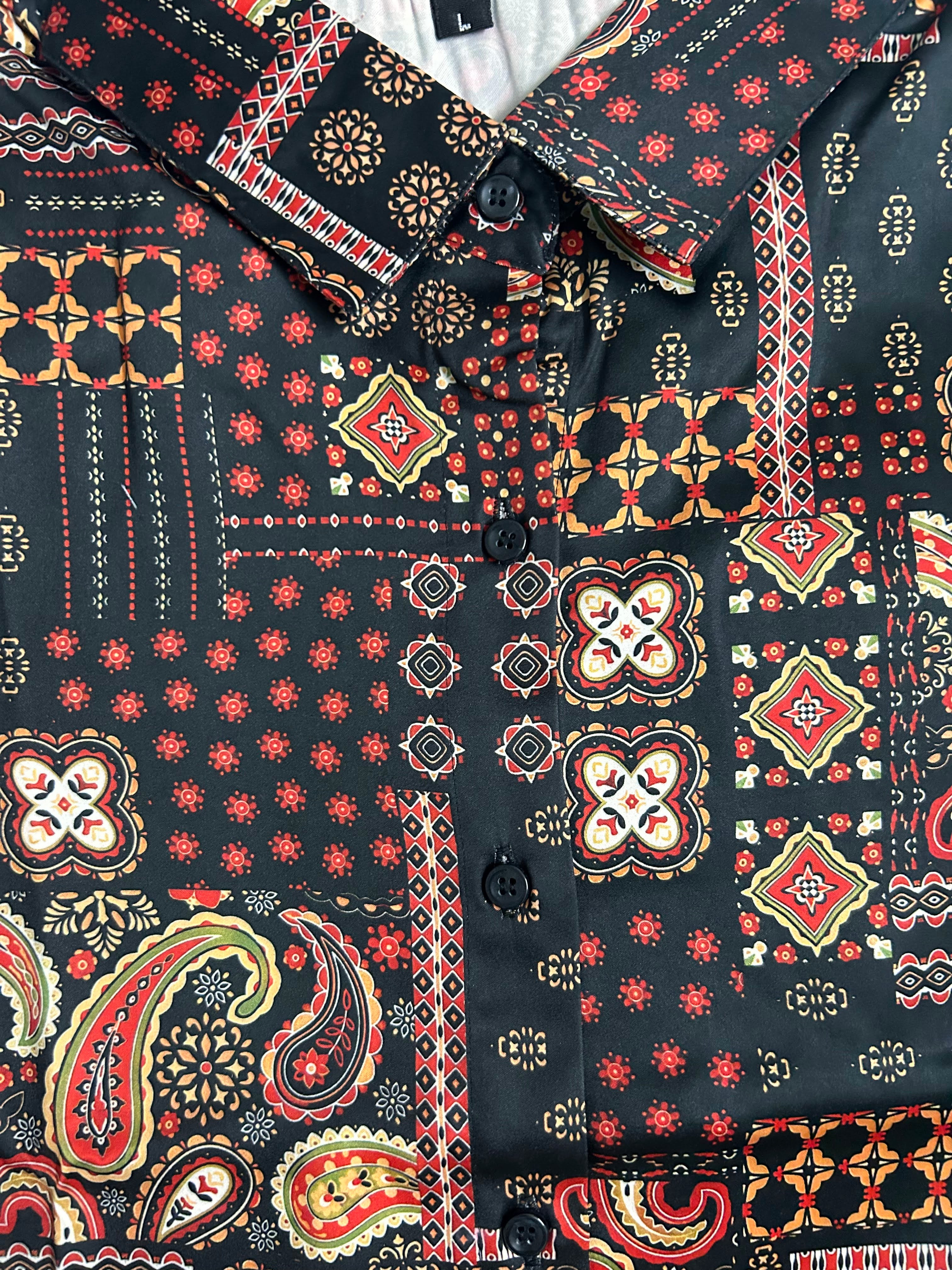 Premium Black Paisley Satin Shirt Red & Gold Print