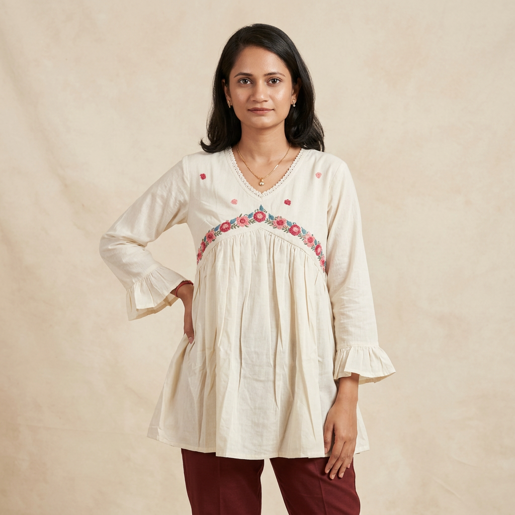 Pure Cotton White Kurti With Embroidary