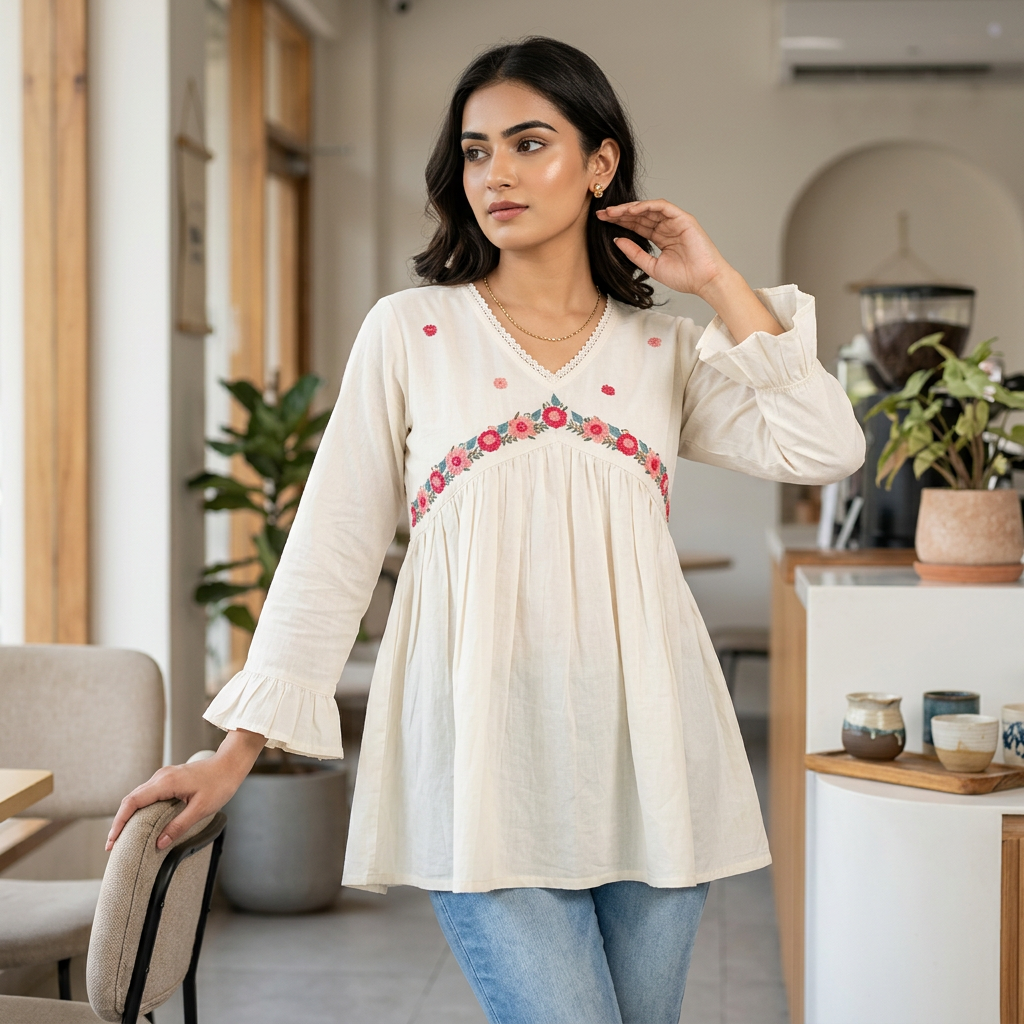 Pure Cotton White Kurti With Embroidary