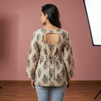 Premium Beige Printed Cotton Full-Sleeve Short Kurti