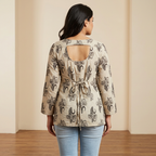 Premium Beige Printed Cotton Full-Sleeve Short Kurti