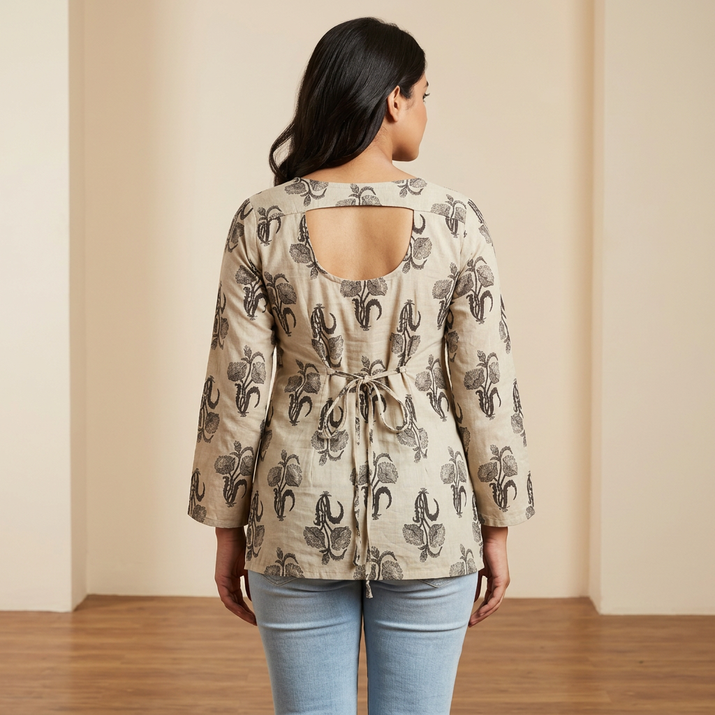Premium Beige Printed Cotton Full-Sleeve Short Kurti