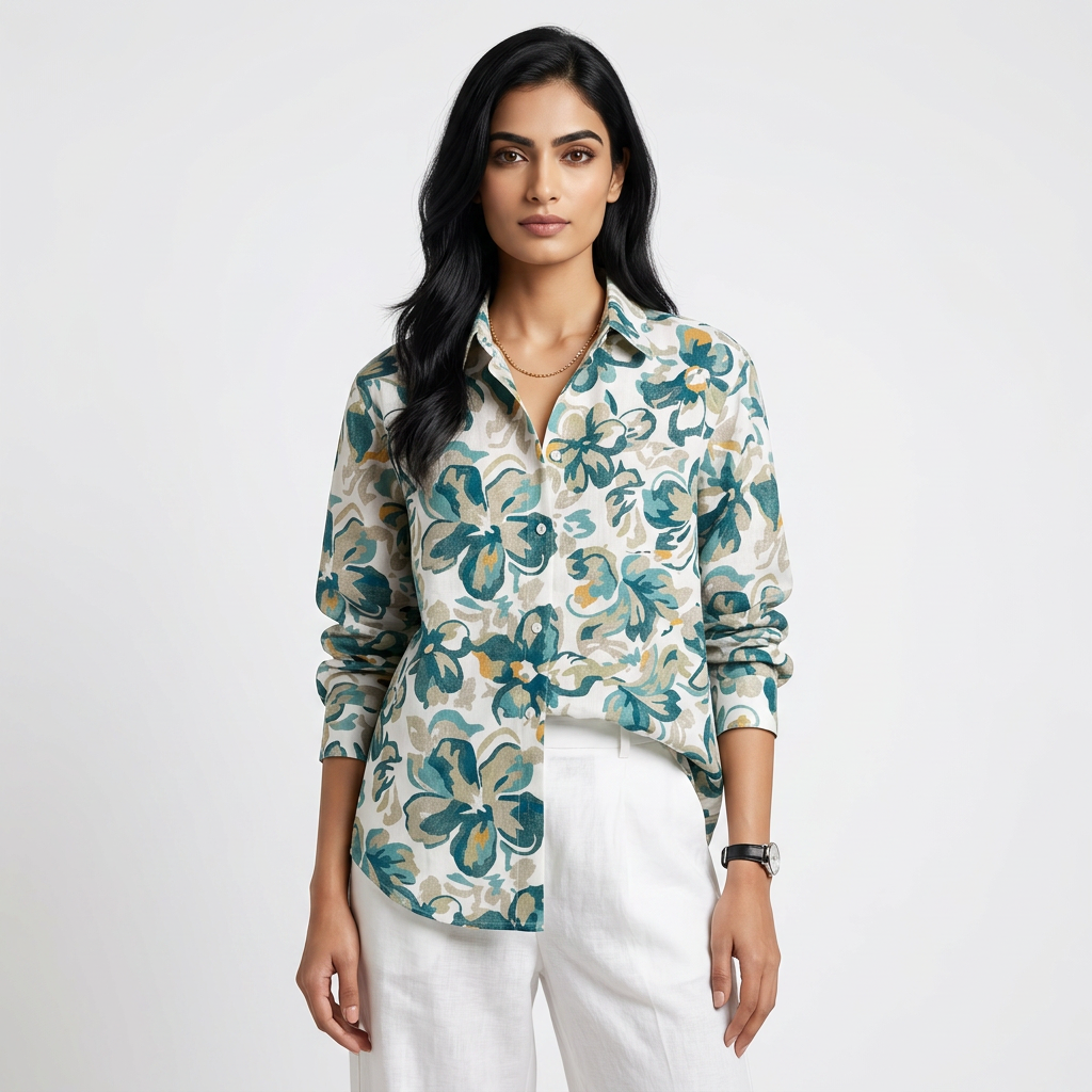Premium Teal Green Floral Linen Shirt Casual Wear