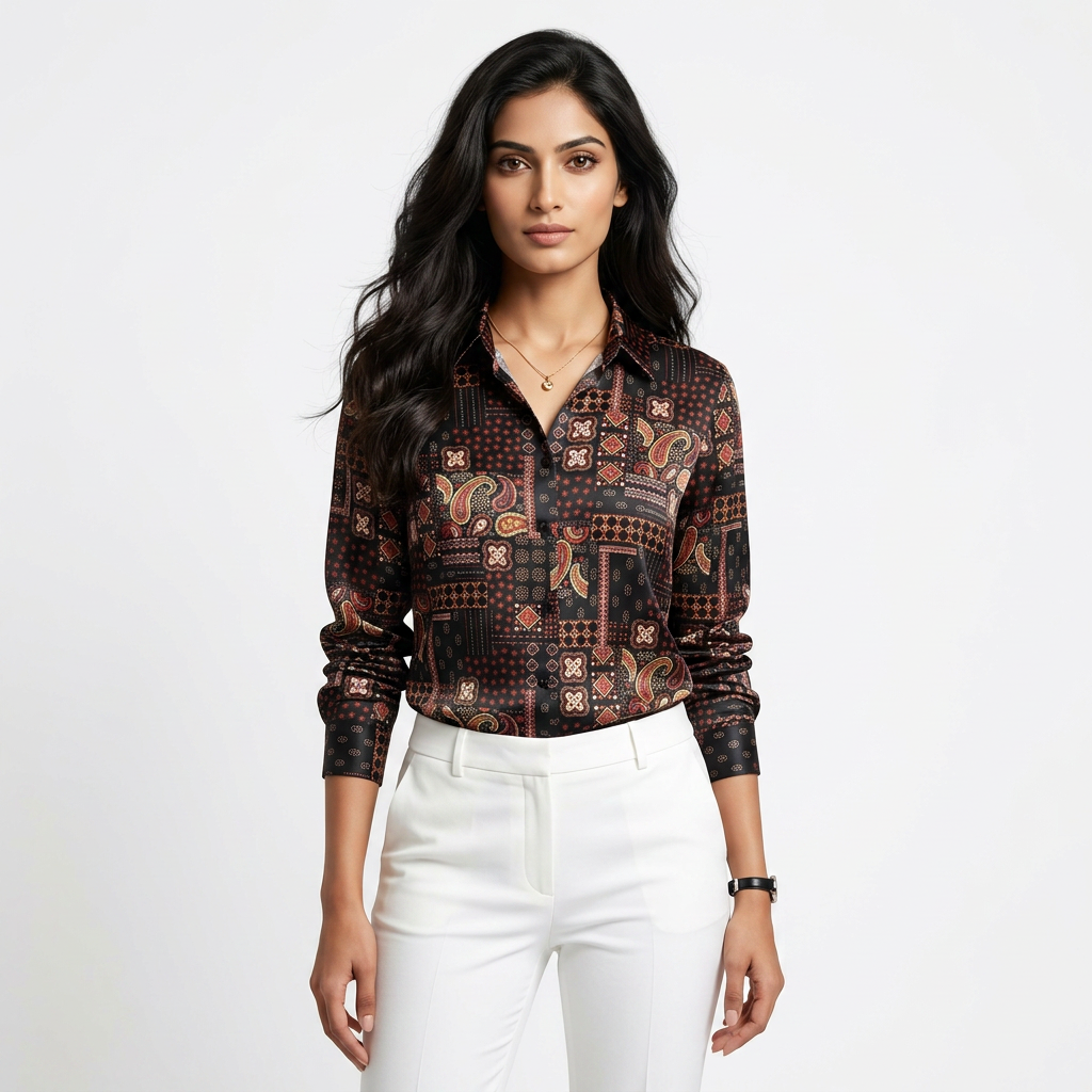 Premium Black Paisley Satin Shirt Red & Gold Print