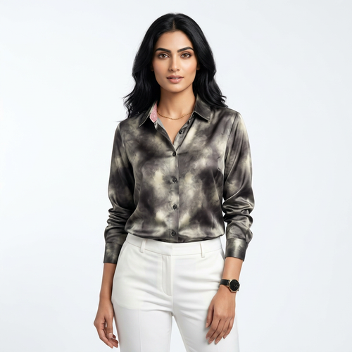 Green Tie-Dye Cloud Marble Satin Shirt