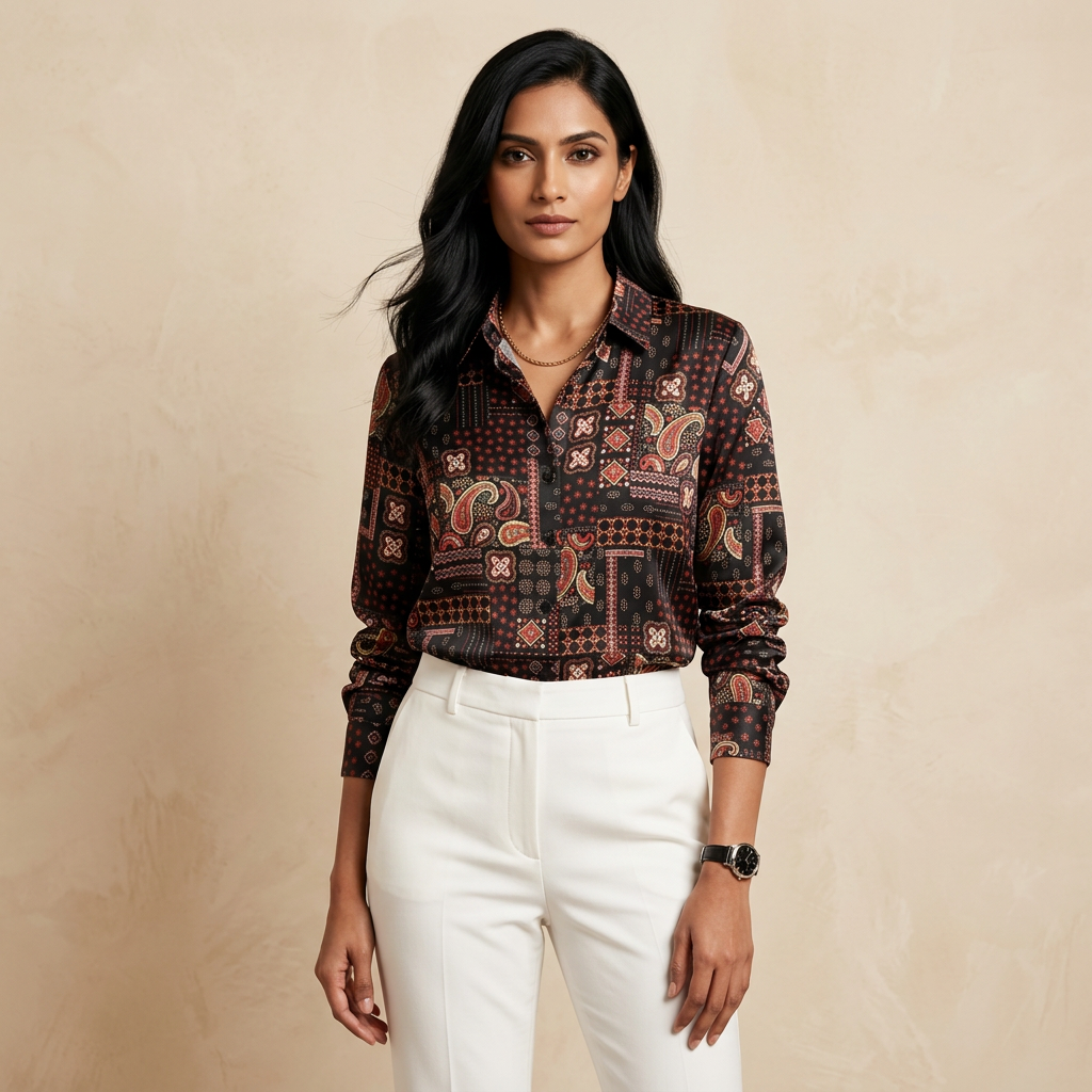 Premium Black Paisley Satin Shirt Red & Gold Print