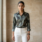 Premium Green Tie-Dye Satin Shirt Cloud Marble Print